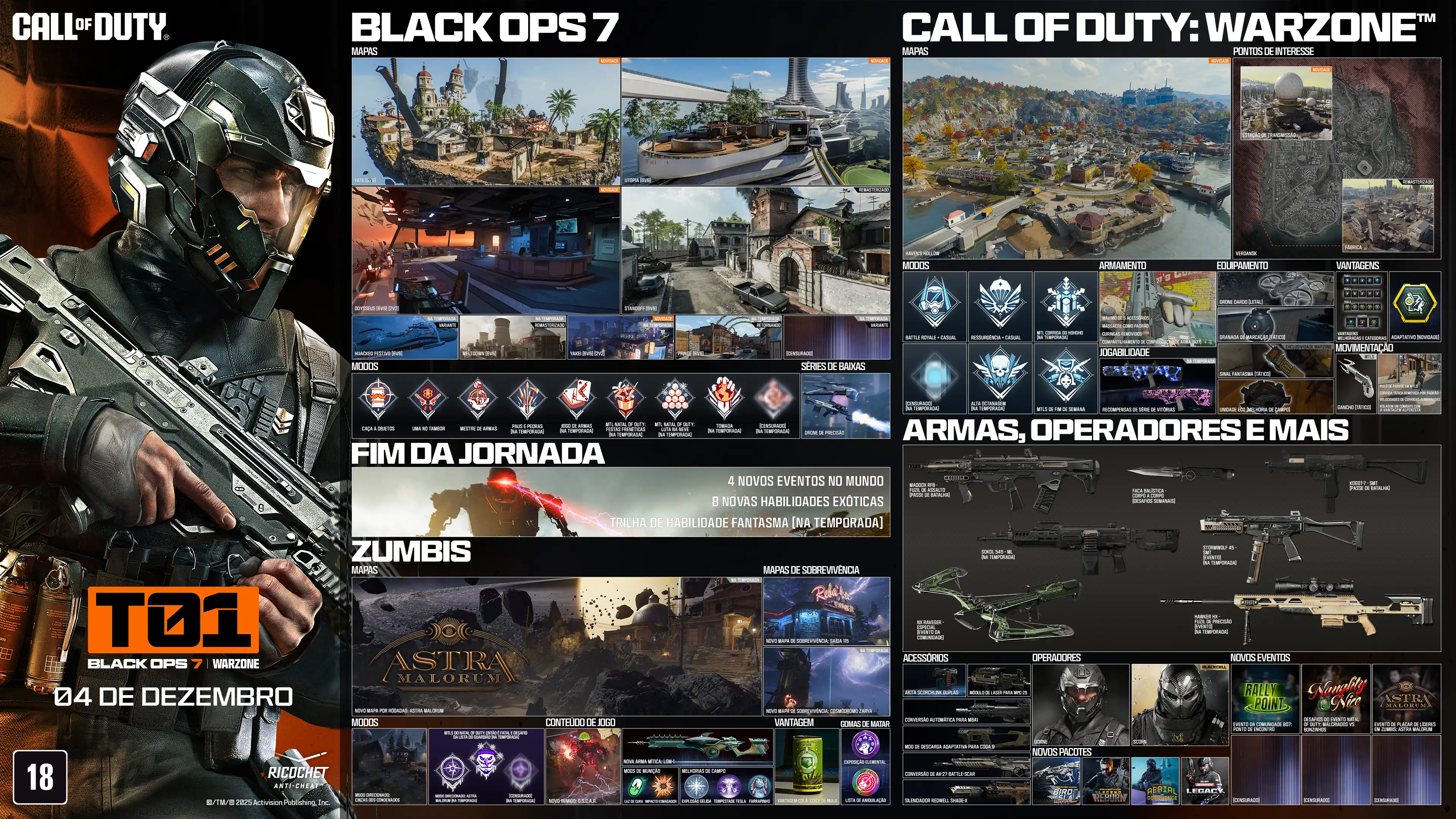 Call of Duty. Season 01. Black Ops 7 and Warzone. December 04. Black Ops 6. Maps. Fate 6v6 New. Utopia 6v6 New. Odysseus 6v6 and 2v2 New. Standoff 6v6 Remastered. Sleighhijacked 6v6 In-Season Variant. Meltdown 6v6 In-Season Remastered. Yakei 6v6 and 2v2 In-Season New. Fringe 6v6 In-Season Returning. Redacted In-Season Variant. Modes. Prop Hunt. One in the Chamber. Sharpshooter. Sticks and Stones In-Season. Gun Game In-Season. CODMAS LTM Holiday Havoc In-Season. CODMAS LTM Snowfight In-Season. Takeover In-Season. Redacted In-Season. Scorestreak. Deadeye Drone. Endgame. Four new world events. Eight new exotic skills. Phantom Skill Track In-Season. Zombies. Maps. Astra Malorum. New round-based map Astra Malorum. Survival Maps. Exit 115 New Survival Map. Zarya Cosmodrome New Survival Map. Modes. Directed Mode Ashes of the Damned. Directed Mode Astra Malorum In-Season. CODMAS LTMs. Jingle Hells. List Keepers Challenge In-Season. Redacted In-Season. Gameplay Content. New enemy O.S.C.A.R. New Wonder Weapon LGM-1. Ammo Mods. Light Mend. Shatter Blast. Field Upgrades. Frost Blast. Tesla Storm. Mister Peeks. Perk. Perk-A-Cola Mule Kick. Gobblegums. Elemental Exposure. Slaylist. Call of Duty Warzone. Maps. Haven's Hollow New. Points of Interest. Verdansk. Signal Station New. Factory Remastered. Modes. Battle Royale and Casual. Resurgence and Casual. Holiday Rush LTM In-Season. Redacted In-Season. High Octane In-Season. Weekend LTMs. Loadout. Max five attachments. Overkill by default. Wildcards removed. Weapon build sharing Black Ops 7. Gameplay. Win Streak Rewards In-Season. Equipment. Needle Drone lethal. Pinpoint Grenade tactical. Phantom Signal tactical. Echo Unit field upgrade. Perks. Improved perks and categories. Adaptive new. Movement. Grapple Hook tactical. Wall jump in LTMs. Default tac sprint removed. Increased sprint speeds. Combat roll with Mountaineer perk. Weapons, Operators, and More. Maddox RFB assault rifle Battle Pass. Sokol 546 LMG event In-Season. NX Ravager special In-Season. Ballistic Knife melee weekly challenges. Kogot-7 SMG Battle Pass. Sturmwolf 45 SMG event In-Season. Hawker HX sniper event In-Season. Attachments. Akita Scorchlink Akimbo. MPC-25 Contrabloom Laser. M8A1 Autostrike-X8 Conversion. CODA 9 Adaptive Discharge Mod. AK-27 Battle-Scar Conversion. Redwell Shade-X Suppressor. Operators. Dorne. Scorn. BlackCell. New Bundles. Birds of Slay Tracer Pack Mastercraft. Legend Reborn Tracer Pack. Aerial Dominance Tracer Pack Mastercraft. CODE Legacy Tracer Pack. New Events. Rally Point community event. Naughty and Nice CODMAS challenges event. Astra Malorum Zombies leaderboard event. Redacted. Redacted. Redacted. Ratings logo. Ricochet Anti-Cheat logo. ©/TM/® 2025 Activision Publishing, Inc.
