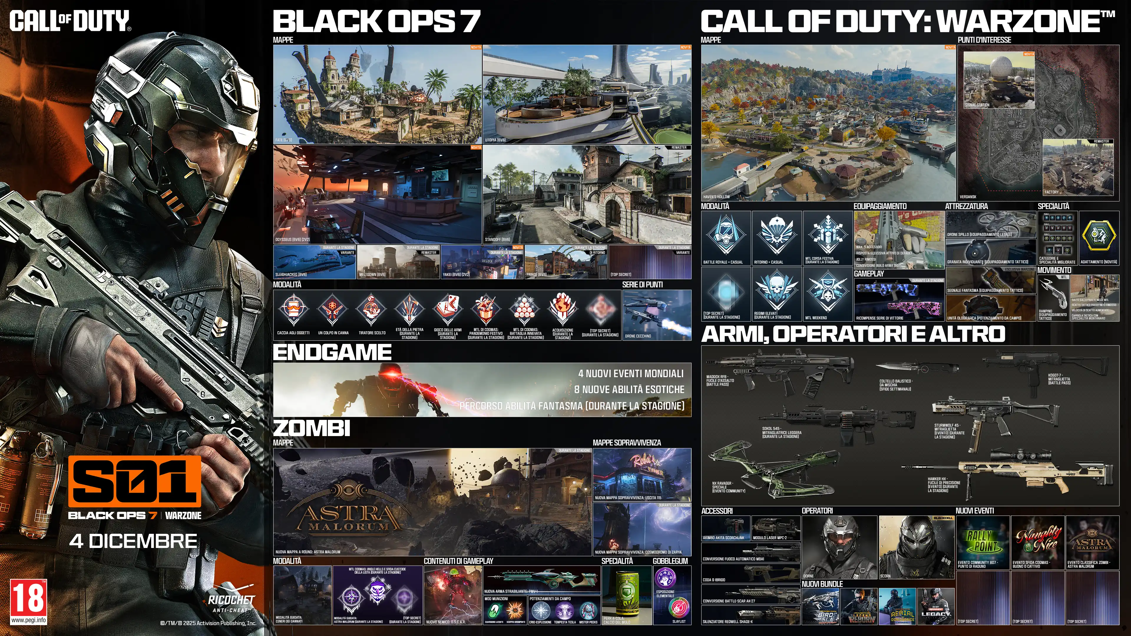 Call of Duty. Season 01. Black Ops 7 and Warzone. December 04. Black Ops 6. Maps. Fate 6v6 New. Utopia 6v6 New. Odysseus 6v6 and 2v2 New. Standoff 6v6 Remastered. Sleighhijacked 6v6 In-Season Variant. Meltdown 6v6 In-Season Remastered. Yakei 6v6 and 2v2 In-Season New. Fringe 6v6 In-Season Returning. Redacted In-Season Variant. Modes. Prop Hunt. One in the Chamber. Sharpshooter. Sticks and Stones In-Season. Gun Game In-Season. CODMAS LTM Holiday Havoc In-Season. CODMAS LTM Snowfight In-Season. Takeover In-Season. Redacted In-Season. Scorestreak. Deadeye Drone. Endgame. Four new world events. Eight new exotic skills. Phantom Skill Track In-Season. Zombies. Maps. Astra Malorum. New round-based map Astra Malorum. Survival Maps. Exit 115 New Survival Map. Zarya Cosmodrome New Survival Map. Modes. Directed Mode Ashes of the Damned. Directed Mode Astra Malorum In-Season. CODMAS LTMs. Jingle Hells. List Keepers Challenge In-Season. Redacted In-Season. Gameplay Content. New enemy O.S.C.A.R. New Wonder Weapon LGM-1. Ammo Mods. Light Mend. Shatter Blast. Field Upgrades. Frost Blast. Tesla Storm. Mister Peeks. Perk. Perk-A-Cola Mule Kick. Gobblegums. Elemental Exposure. Slaylist. Call of Duty Warzone. Maps. Haven's Hollow New. Points of Interest. Verdansk. Signal Station New. Factory Remastered. Modes. Battle Royale and Casual. Resurgence and Casual. Holiday Rush LTM In-Season. Redacted In-Season. High Octane In-Season. Weekend LTMs. Loadout. Max five attachments. Overkill by default. Wildcards removed. Weapon build sharing Black Ops 7. Gameplay. Win Streak Rewards In-Season. Equipment. Needle Drone lethal. Pinpoint Grenade tactical. Phantom Signal tactical. Echo Unit field upgrade. Perks. Improved perks and categories. Adaptive new. Movement. Grapple Hook tactical. Wall jump in LTMs. Default tac sprint removed. Increased sprint speeds. Combat roll with Mountaineer perk. Weapons, Operators, and More. Maddox RFB assault rifle Battle Pass. Sokol 546 LMG event In-Season. NX Ravager special In-Season. Ballistic Knife melee weekly challenges. Kogot-7 SMG Battle Pass. Sturmwolf 45 SMG event In-Season. Hawker HX sniper event In-Season. Attachments. Akita Scorchlink Akimbo. MPC-25 Contrabloom Laser. M8A1 Autostrike-X8 Conversion. CODA 9 Adaptive Discharge Mod. AK-27 Battle-Scar Conversion. Redwell Shade-X Suppressor. Operators. Dorne. Scorn. BlackCell. New Bundles. Birds of Slay Tracer Pack Mastercraft. Legend Reborn Tracer Pack. Aerial Dominance Tracer Pack Mastercraft. CODE Legacy Tracer Pack. New Events. Rally Point community event. Naughty and Nice CODMAS challenges event. Astra Malorum Zombies leaderboard event. Redacted. Redacted. Redacted. Ratings logo. Ricochet Anti-Cheat logo. ©/TM/® 2025 Activision Publishing, Inc.