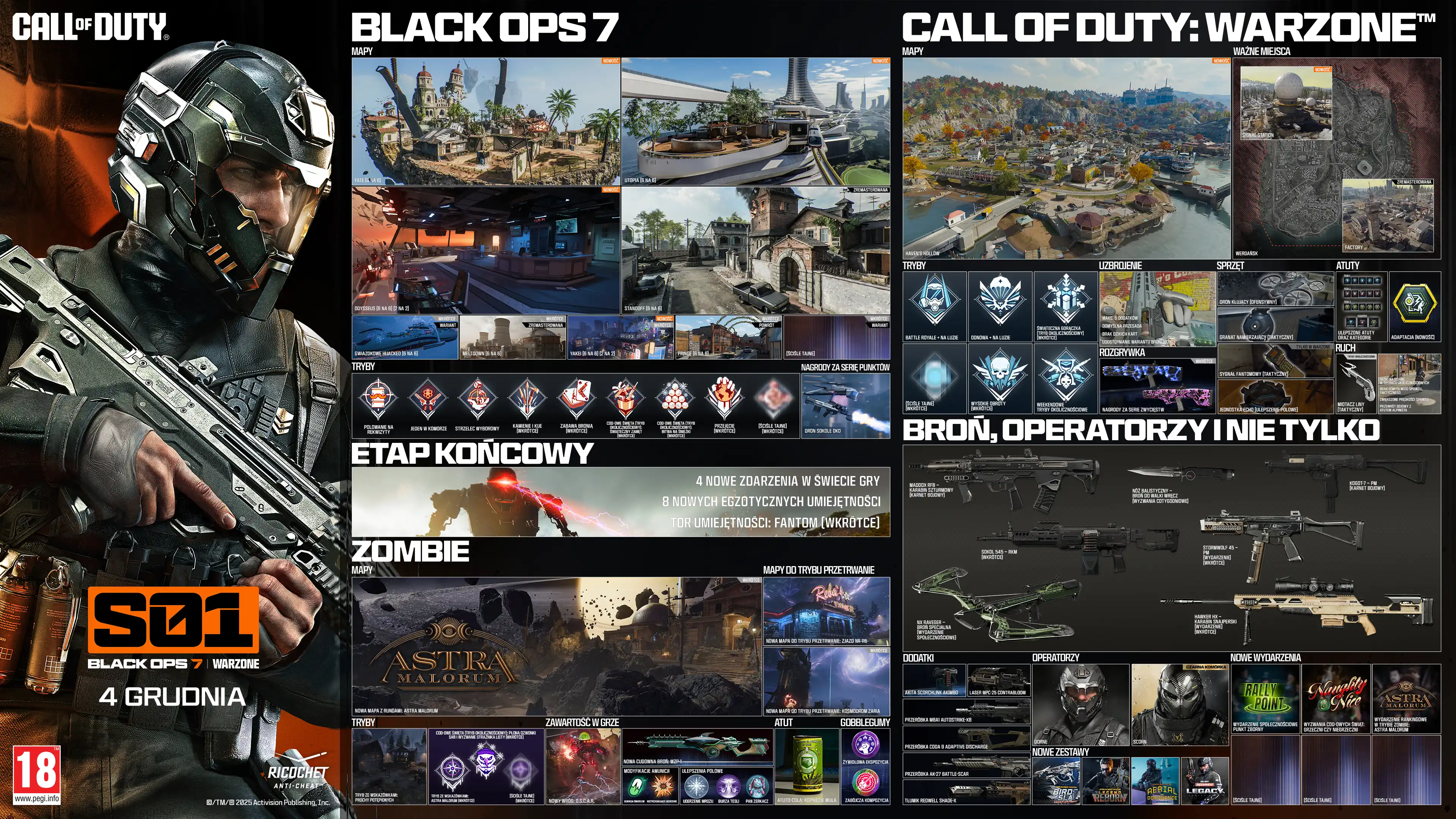 Call of Duty. Season 01. Black Ops 7 and Warzone. December 04. Black Ops 6. Maps. Fate 6v6 New. Utopia 6v6 New. Odysseus 6v6 and 2v2 New. Standoff 6v6 Remastered. Sleighhijacked 6v6 In-Season Variant. Meltdown 6v6 In-Season Remastered. Yakei 6v6 and 2v2 In-Season New. Fringe 6v6 In-Season Returning. Redacted In-Season Variant. Modes. Prop Hunt. One in the Chamber. Sharpshooter. Sticks and Stones In-Season. Gun Game In-Season. CODMAS LTM Holiday Havoc In-Season. CODMAS LTM Snowfight In-Season. Takeover In-Season. Redacted In-Season. Scorestreak. Deadeye Drone. Endgame. Four new world events. Eight new exotic skills. Phantom Skill Track In-Season. Zombies. Maps. Astra Malorum. New round-based map Astra Malorum. Survival Maps. Exit 115 New Survival Map. Zarya Cosmodrome New Survival Map. Modes. Directed Mode Ashes of the Damned. Directed Mode Astra Malorum In-Season. CODMAS LTMs. Jingle Hells. List Keepers Challenge In-Season. Redacted In-Season. Gameplay Content. New enemy O.S.C.A.R. New Wonder Weapon LGM-1. Ammo Mods. Light Mend. Shatter Blast. Field Upgrades. Frost Blast. Tesla Storm. Mister Peeks. Perk. Perk-A-Cola Mule Kick. Gobblegums. Elemental Exposure. Slaylist. Call of Duty Warzone. Maps. Haven's Hollow New. Points of Interest. Verdansk. Signal Station New. Factory Remastered. Modes. Battle Royale and Casual. Resurgence and Casual. Holiday Rush LTM In-Season. Redacted In-Season. High Octane In-Season. Weekend LTMs. Loadout. Max five attachments. Overkill by default. Wildcards removed. Weapon build sharing Black Ops 7. Gameplay. Win Streak Rewards In-Season. Equipment. Needle Drone lethal. Pinpoint Grenade tactical. Phantom Signal tactical. Echo Unit field upgrade. Perks. Improved perks and categories. Adaptive new. Movement. Grapple Hook tactical. Wall jump in LTMs. Default tac sprint removed. Increased sprint speeds. Combat roll with Mountaineer perk. Weapons, Operators, and More. Maddox RFB assault rifle Battle Pass. Sokol 546 LMG event In-Season. NX Ravager special In-Season. Ballistic Knife melee weekly challenges. Kogot-7 SMG Battle Pass. Sturmwolf 45 SMG event In-Season. Hawker HX sniper event In-Season. Attachments. Akita Scorchlink Akimbo. MPC-25 Contrabloom Laser. M8A1 Autostrike-X8 Conversion. CODA 9 Adaptive Discharge Mod. AK-27 Battle-Scar Conversion. Redwell Shade-X Suppressor. Operators. Dorne. Scorn. BlackCell. New Bundles. Birds of Slay Tracer Pack Mastercraft. Legend Reborn Tracer Pack. Aerial Dominance Tracer Pack Mastercraft. CODE Legacy Tracer Pack. New Events. Rally Point community event. Naughty and Nice CODMAS challenges event. Astra Malorum Zombies leaderboard event. Redacted. Redacted. Redacted. Ratings logo. Ricochet Anti-Cheat logo. ©/TM/® 2025 Activision Publishing, Inc.