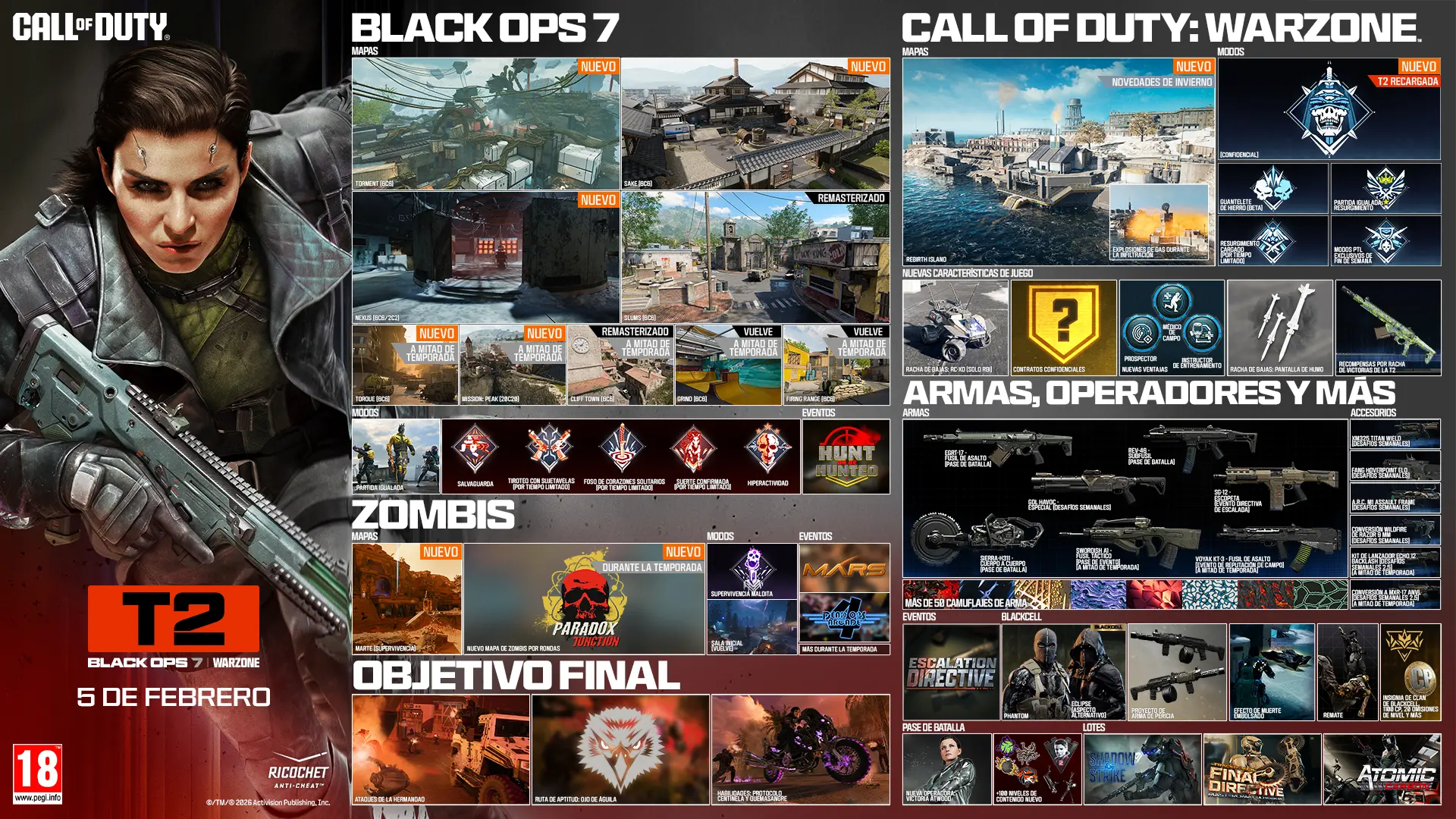 Call of Duty. Season 02. Black Ops 7 and Warzone. February 05. Black Ops 7. Maps. Fate 6v6 New. Utopia 6v6 New. Odysseus 6v6 and 2v2 New. Standoff 6v6 Remastered. Sleighhijacked 6v6 In-Season Variant. Meltdown 6v6 In-Season Remastered. Yakei 6v6 and 2v2 In-Season New. Fringe 6v6 In-Season Returning. Redacted In-Season Variant. Modes. Prop Hunt. One in the Chamber. Sharpshooter. Sticks and Stones In-Season. Gun Game In-Season. CODMAS LTM Holiday Havoc In-Season. CODMAS LTM Snowfight In-Season. Takeover In-Season. Redacted In-Season. Scorestreak. Deadeye Drone. Endgame. Four new world events. Eight new exotic skills. Phantom Skill Track In-Season. Zombies. Maps. Astra Malorum. New round-based map Astra Malorum. Survival Maps. Exit 115 New Survival Map. Zarya Cosmodrome New Survival Map. Modes. Directed Mode Ashes of the Damned. Directed Mode Astra Malorum In-Season. CODMAS LTMs. Jingle Hells. List Keepers Challenge In-Season. Redacted In-Season. Gameplay Content. New enemy O.S.C.A.R. New Wonder Weapon LGM-1. Ammo Mods. Light Mend. Shatter Blast. Field Upgrades. Frost Blast. Tesla Storm. Mister Peeks. Perk. Perk-A-Cola Mule Kick. Gobblegums. Elemental Exposure. Slaylist. Call of Duty Warzone. Maps. Haven's Hollow New. Points of Interest. Verdansk. Signal Station New. Factory Remastered. Modes. Battle Royale and Casual. Resurgence and Casual. Holiday Rush LTM In-Season. Redacted In-Season. High Octane In-Season. Weekend LTMs. Loadout. Max five attachments. Overkill by default. Wildcards removed. Weapon build sharing Black Ops 7. Gameplay. Win streak rewards In-Season. Equipment. Needle Drone lethal. Pinpoint Grenade tactical. Phantom Signal tactical. Echo Unit field upgrade. Perks. Improved perks and categories. Adaptive new. Movement. Grapple Hook tactical. Wall jump in LTMs. Default tac sprint removed. Increased sprint speeds. Combat roll with Mountaineer perk. Weapons, Operators, and More. Maddox RFB assault rifle Battle Pass. Sokol 546 LMG event In-Season. NX Ravager special In-Season. Ballistic Knife melee weekly challenges. Kogot-7 SMG Battle Pass. Sturmwolf 45 SMG event In-Season. Hawker HX sniper event In-Season. Attachments. Akita Scorchlink Akimbo. MPC-25 Contrabloom Laser. M8A1 Autostrike-X8 Conversion. CODA 9 Adaptive Discharge Mod. AK-27 Battle-Scar Conversion. Redwell Shade-X Suppressor. Operators. Dorne. Scorn. BlackCell. New Bundles. Birds of Slay Tracer Pack Mastercraft. Legend Reborn Tracer Pack. Aerial Dominance Tracer Pack Mastercraft. CODE Legacy Tracer Pack. New Events. Rally Point community event. Naughty and Nice CODMAS challenges event. Astra Malorum Zombies leaderboard event. Redacted. Redacted. Redacted. Ratings logo. Ricochet Anti-Cheat logo. ©/TM/® 2026 Activision Publishing, Inc.