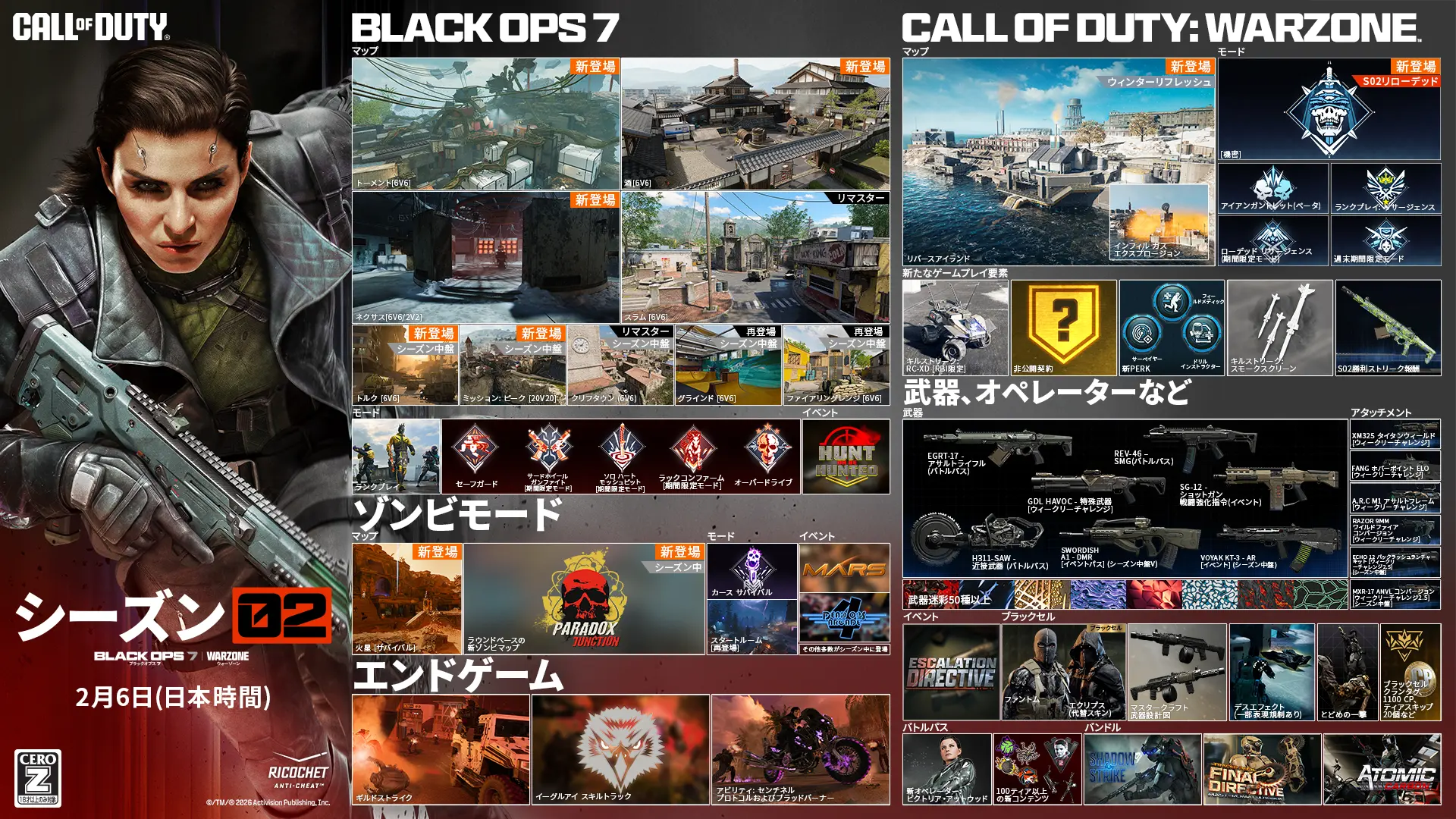 Call of Duty. Season 02. Black Ops 7 and Warzone. February 05. Black Ops 7. Maps. Fate 6v6 New. Utopia 6v6 New. Odysseus 6v6 and 2v2 New. Standoff 6v6 Remastered. Sleighhijacked 6v6 In-Season Variant. Meltdown 6v6 In-Season Remastered. Yakei 6v6 and 2v2 In-Season New. Fringe 6v6 In-Season Returning. Redacted In-Season Variant. Modes. Prop Hunt. One in the Chamber. Sharpshooter. Sticks and Stones In-Season. Gun Game In-Season. CODMAS LTM Holiday Havoc In-Season. CODMAS LTM Snowfight In-Season. Takeover In-Season. Redacted In-Season. Scorestreak. Deadeye Drone. Endgame. Four new world events. Eight new exotic skills. Phantom Skill Track In-Season. Zombies. Maps. Astra Malorum. New round-based map Astra Malorum. Survival Maps. Exit 115 New Survival Map. Zarya Cosmodrome New Survival Map. Modes. Directed Mode Ashes of the Damned. Directed Mode Astra Malorum In-Season. CODMAS LTMs. Jingle Hells. List Keepers Challenge In-Season. Redacted In-Season. Gameplay Content. New enemy O.S.C.A.R. New Wonder Weapon LGM-1. Ammo Mods. Light Mend. Shatter Blast. Field Upgrades. Frost Blast. Tesla Storm. Mister Peeks. Perk. Perk-A-Cola Mule Kick. Gobblegums. Elemental Exposure. Slaylist. Call of Duty Warzone. Maps. Haven's Hollow New. Points of Interest. Verdansk. Signal Station New. Factory Remastered. Modes. Battle Royale and Casual. Resurgence and Casual. Holiday Rush LTM In-Season. Redacted In-Season. High Octane In-Season. Weekend LTMs. Loadout. Max five attachments. Overkill by default. Wildcards removed. Weapon build sharing Black Ops 7. Gameplay. Win streak rewards In-Season. Equipment. Needle Drone lethal. Pinpoint Grenade tactical. Phantom Signal tactical. Echo Unit field upgrade. Perks. Improved perks and categories. Adaptive new. Movement. Grapple Hook tactical. Wall jump in LTMs. Default tac sprint removed. Increased sprint speeds. Combat roll with Mountaineer perk. Weapons, Operators, and More. Maddox RFB assault rifle Battle Pass. Sokol 546 LMG event In-Season. NX Ravager special In-Season. Ballistic Knife melee weekly challenges. Kogot-7 SMG Battle Pass. Sturmwolf 45 SMG event In-Season. Hawker HX sniper event In-Season. Attachments. Akita Scorchlink Akimbo. MPC-25 Contrabloom Laser. M8A1 Autostrike-X8 Conversion. CODA 9 Adaptive Discharge Mod. AK-27 Battle-Scar Conversion. Redwell Shade-X Suppressor. Operators. Dorne. Scorn. BlackCell. New Bundles. Birds of Slay Tracer Pack Mastercraft. Legend Reborn Tracer Pack. Aerial Dominance Tracer Pack Mastercraft. CODE Legacy Tracer Pack. New Events. Rally Point community event. Naughty and Nice CODMAS challenges event. Astra Malorum Zombies leaderboard event. Redacted. Redacted. Redacted. Ratings logo. Ricochet Anti-Cheat logo. ©/TM/® 2026 Activision Publishing, Inc.