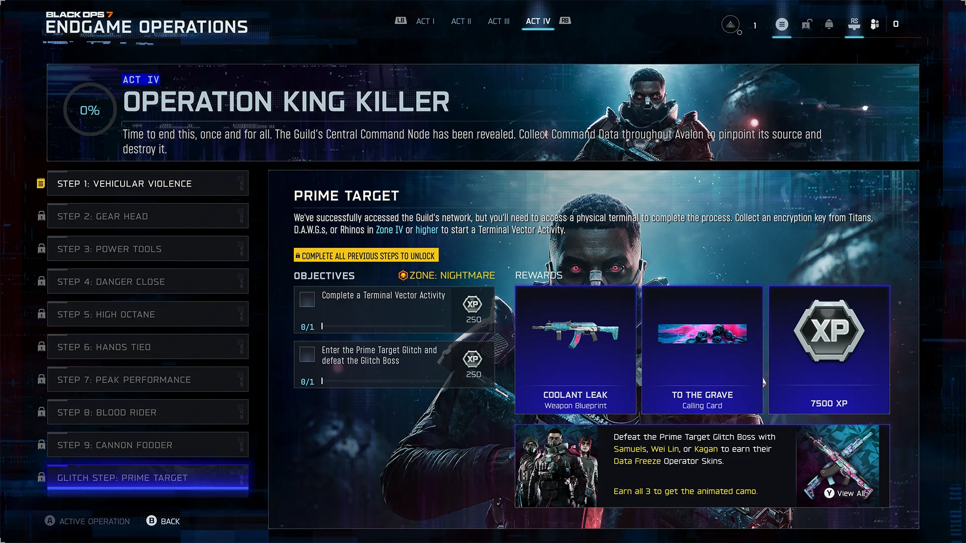 Endgame Operations menu showing Act IV Operation King Killer objectives, rewards, and progression steps.