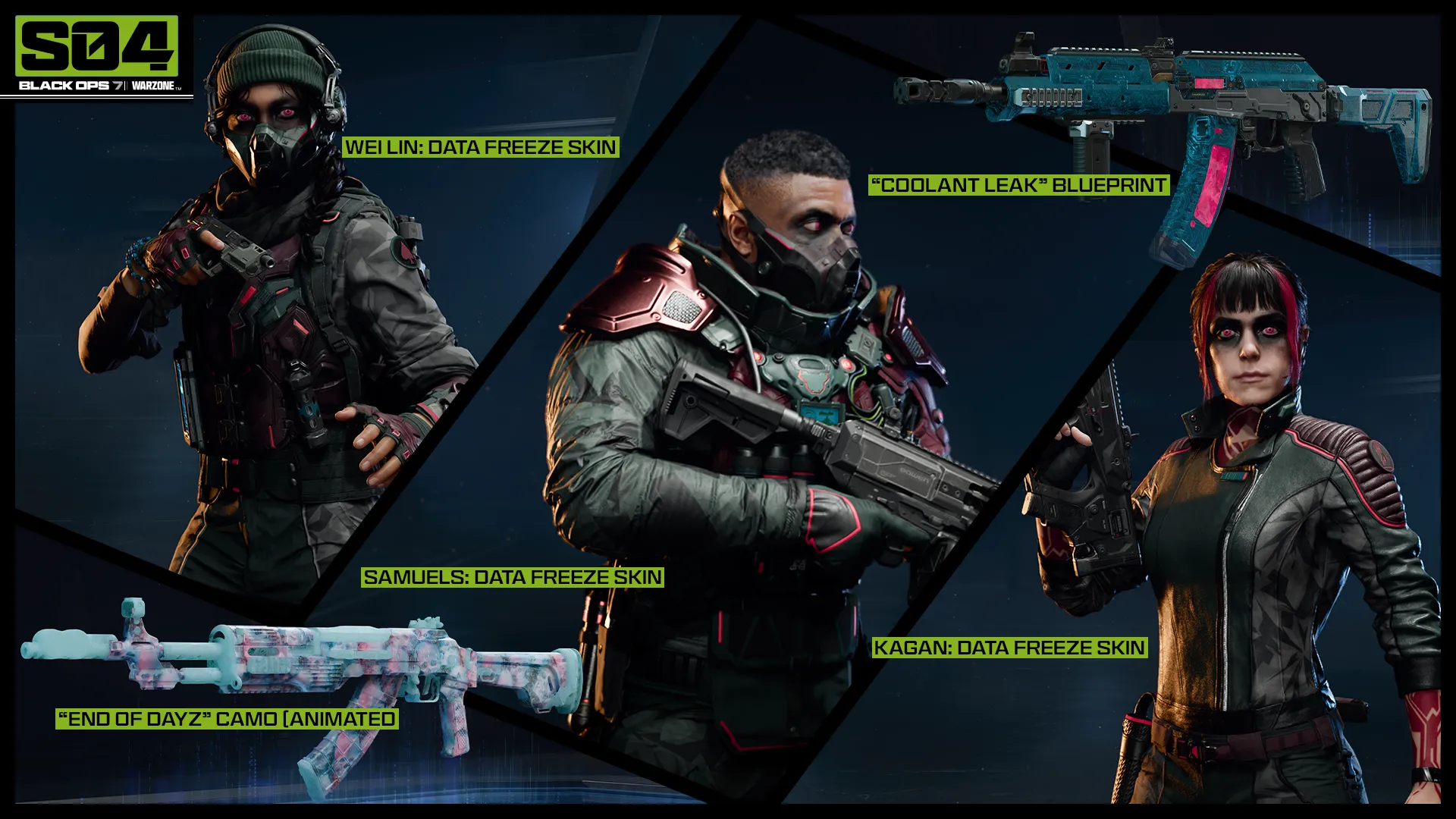 Three operators with glowing eyes alongside Data Freeze skins, weapon blueprint, and animated camo rewards.