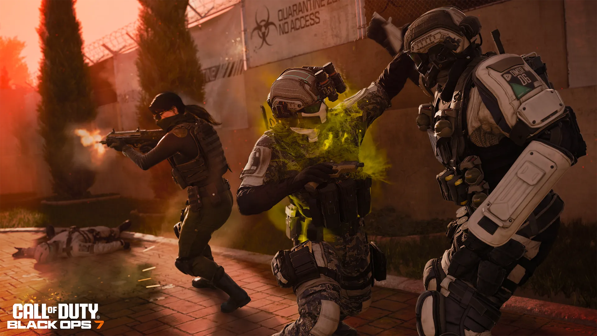 Armored soldier strikes an enemy with a glowing green melee attack while a teammate fires nearby in a quarantine zone.