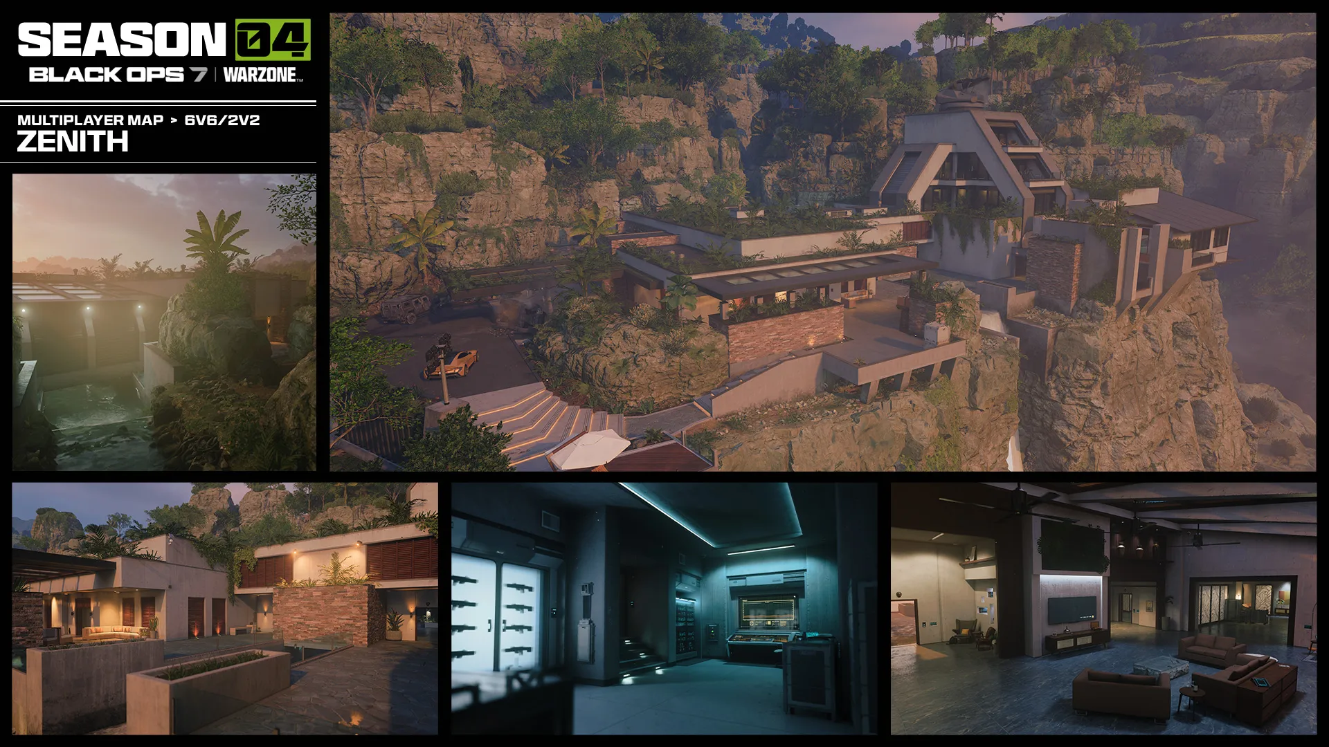 Season 04 Zenith map showcase featuring a luxury cliffside estate, interiors, and tropical surroundings.