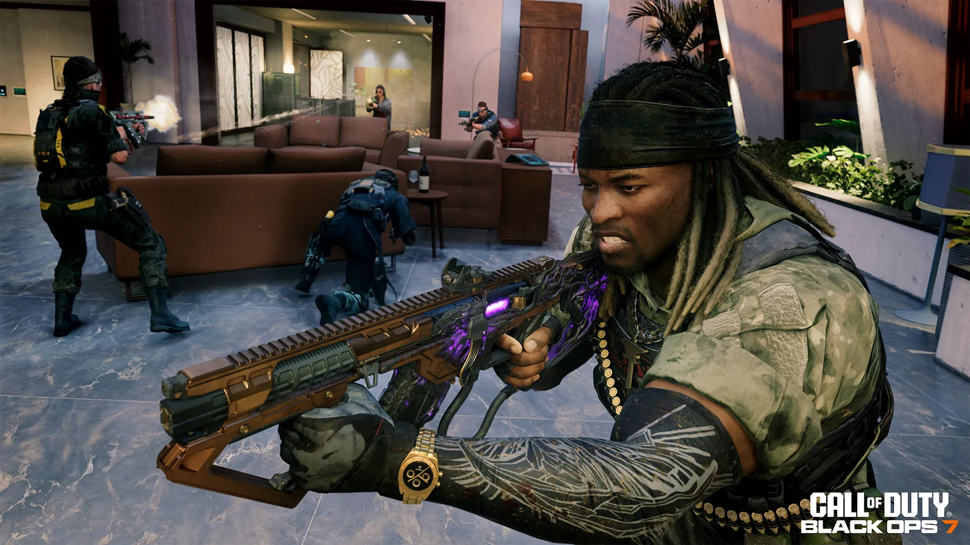 Operator aims a rifle inside a luxury mansion as teammates exchange fire in the background.