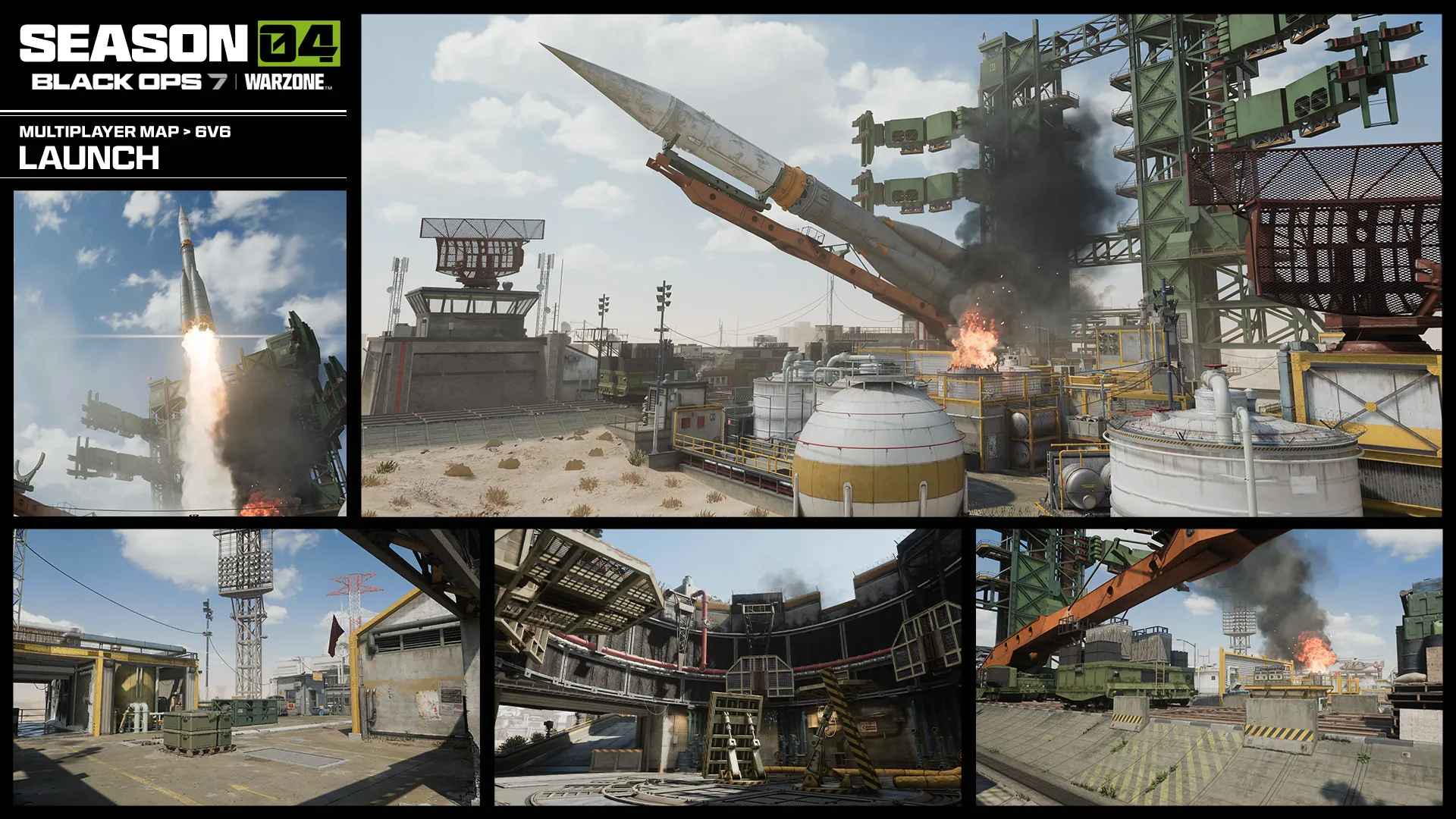 Season 04 Launch map collage showing a rocket launch facility with industrial structures and active fires.