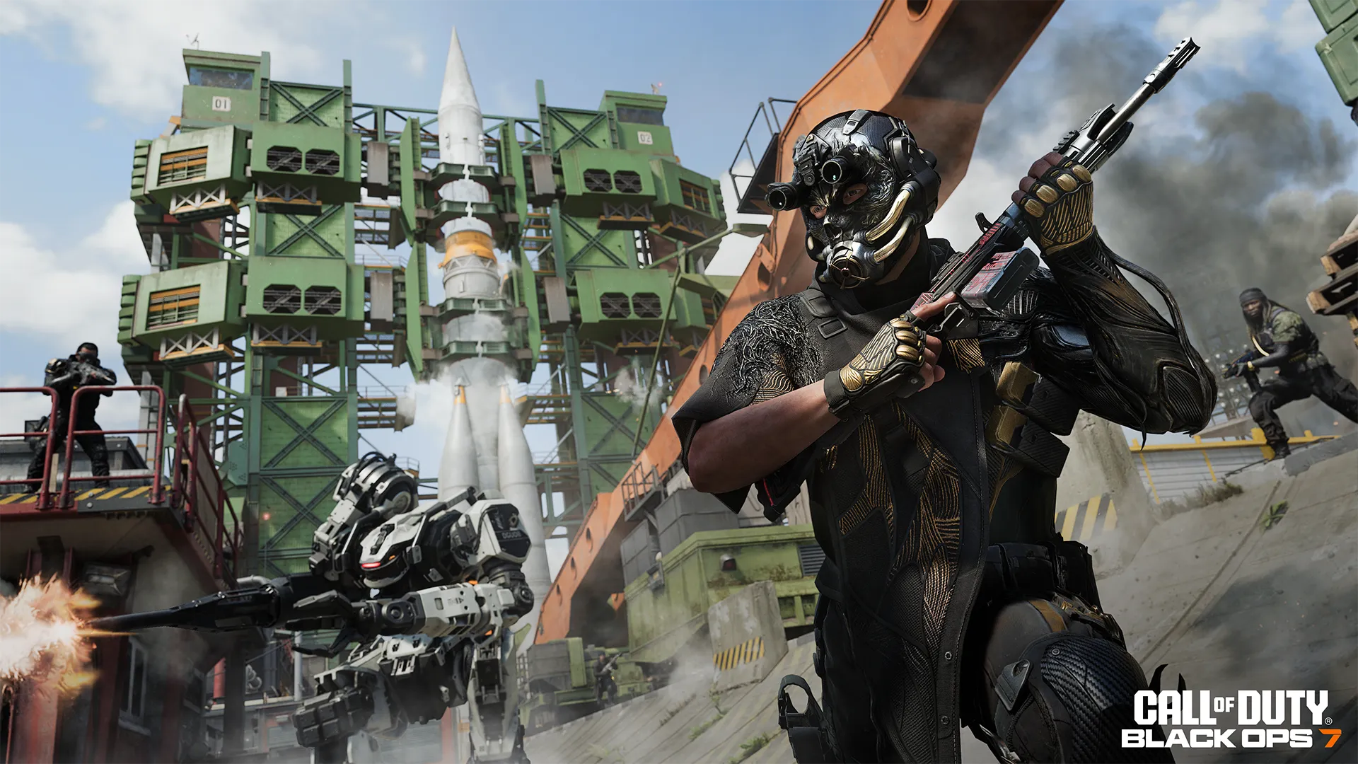 Masked operator reloads a shotgun beside a combat robot and rocket launch tower amid active battle.