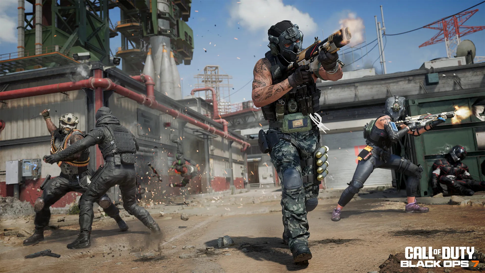 Operators clash in a chaotic firefight around a rocket facility with explosions and melee combat.