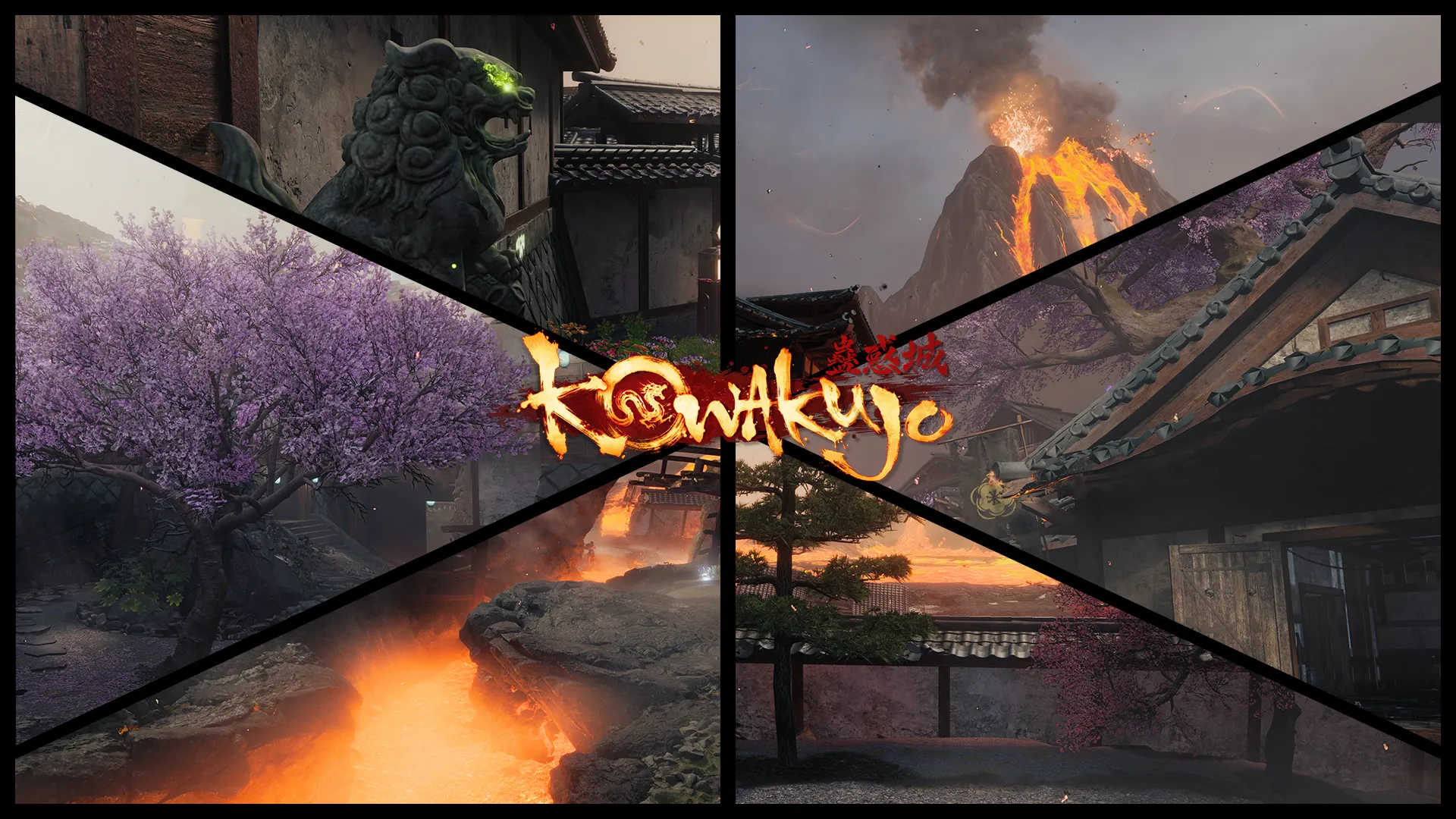 Kowakuyo Zombies map collage with lava flows, cherry blossoms, temple rooftops, and an erupting volcano.