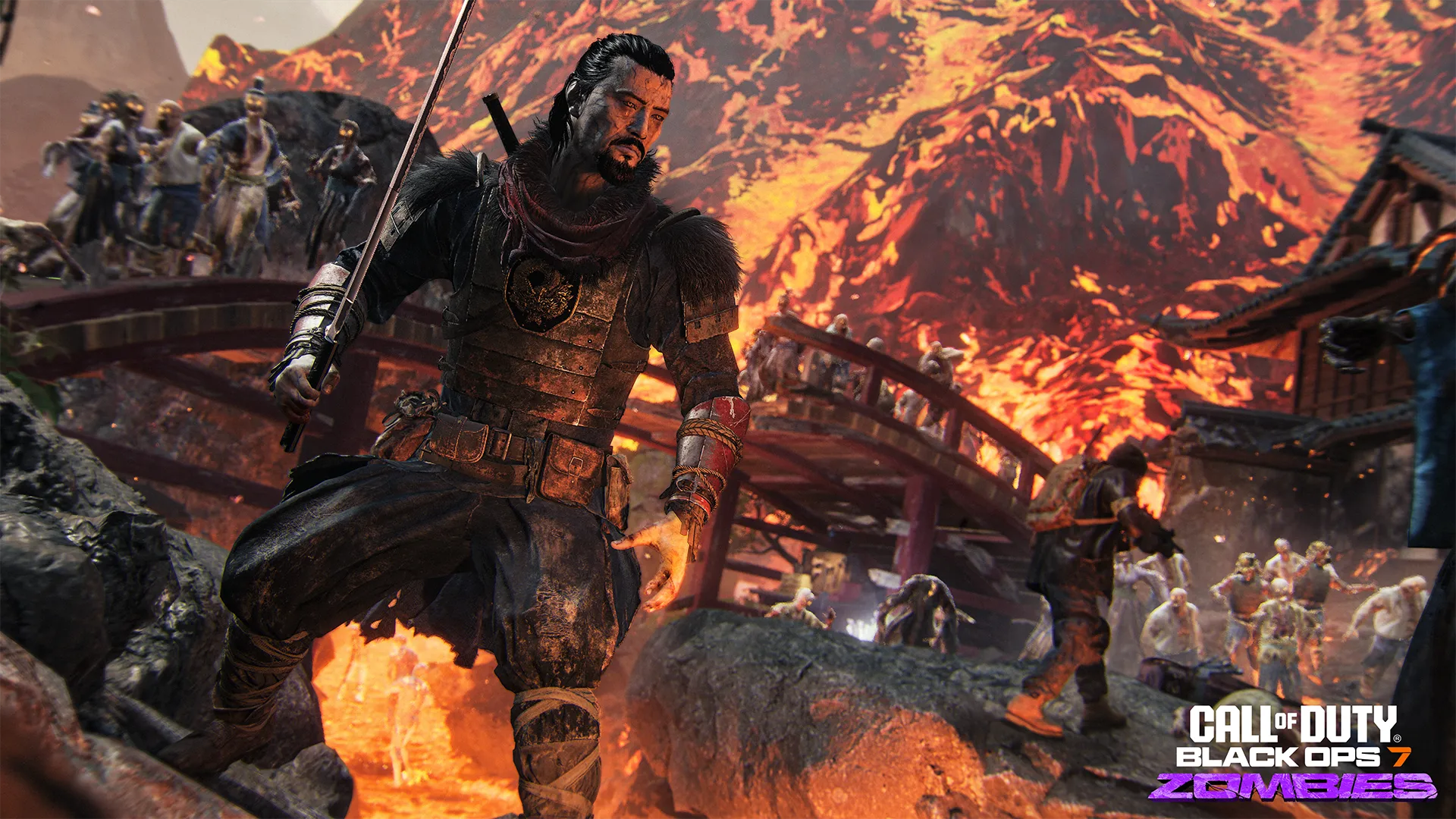 Samurai warrior with a katana stands against a lava-filled landscape crowded with zombies.