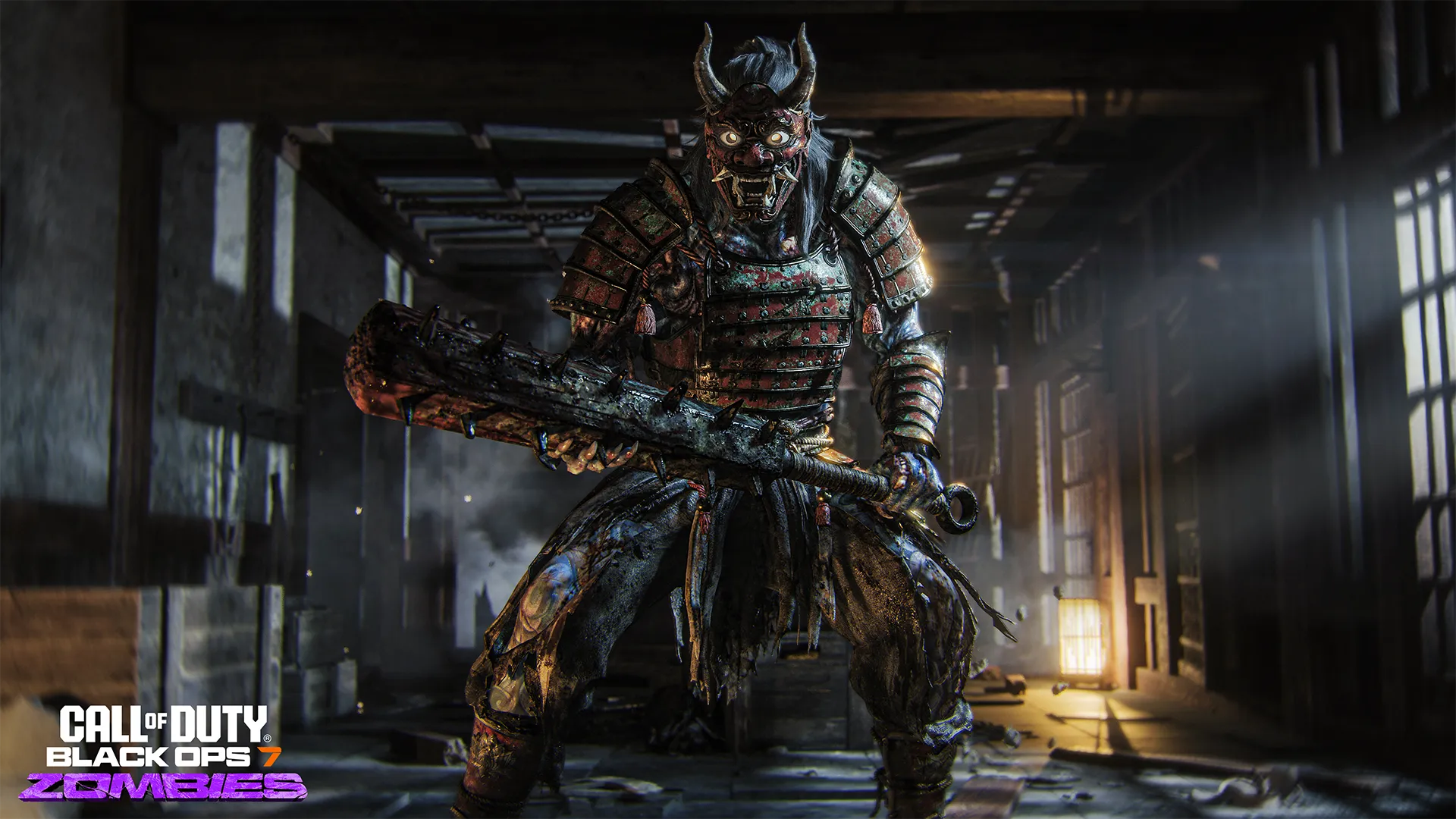 Demonic armored samurai wielding a massive club stands in a dark, ruined corridor.