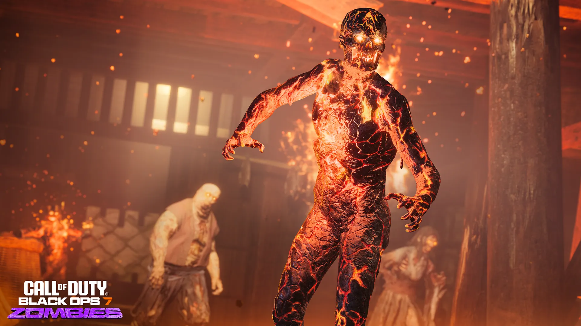 Burning lava-covered zombie advances through a fiery interior while other undead follow behind.