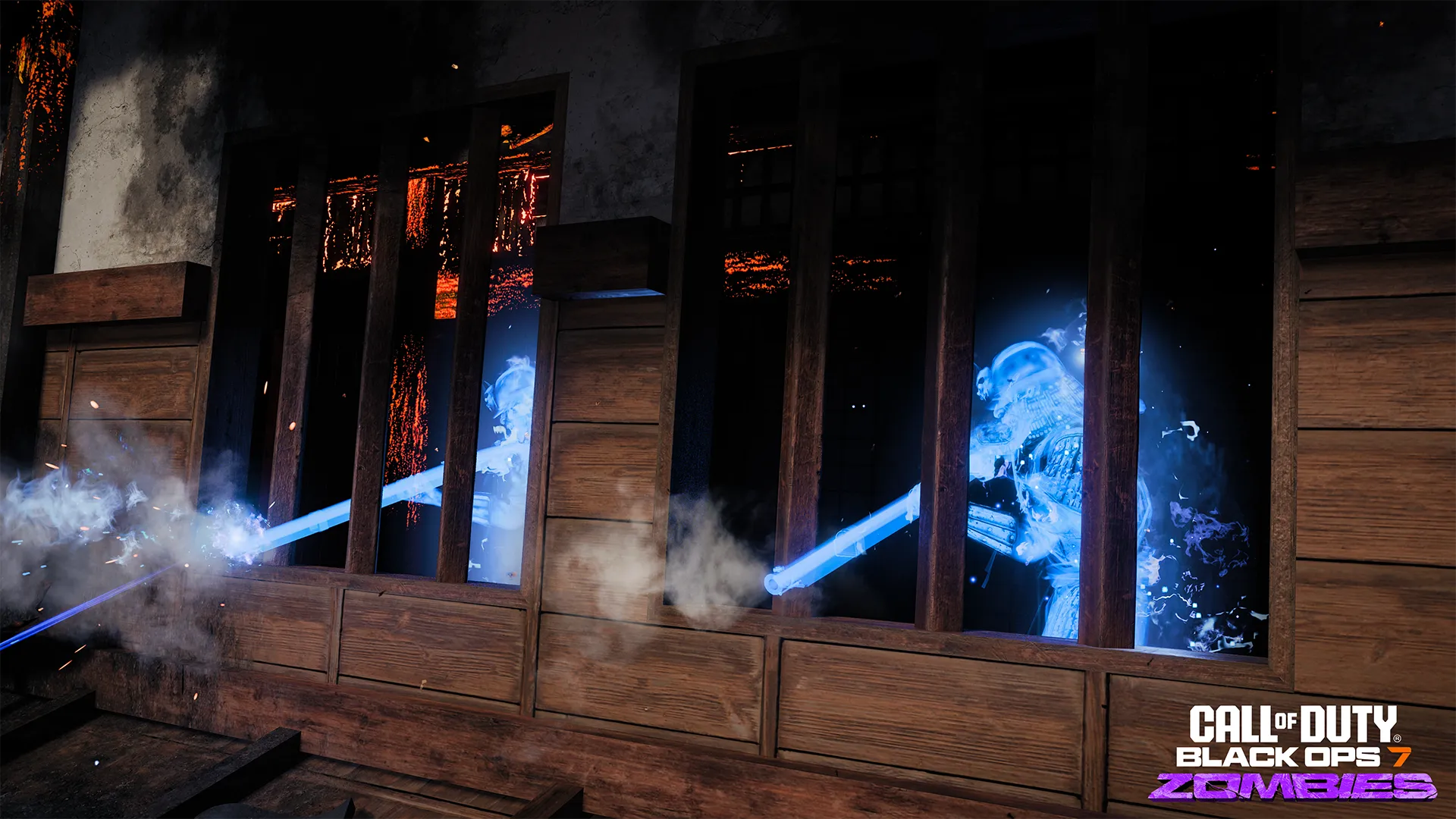 Glowing blue spectral warriors attack through wooden windows inside a dark Japanese-style building.