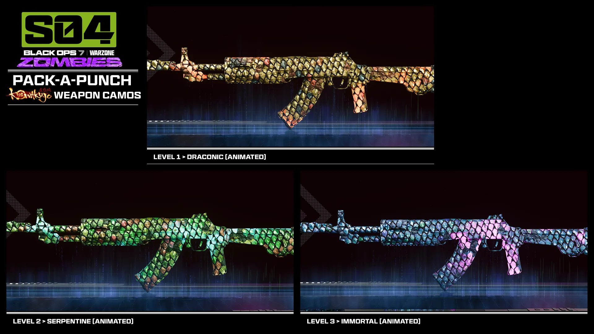 Pack-a-Punch camo progression displaying animated dragon-scale weapon skins in three color variants.