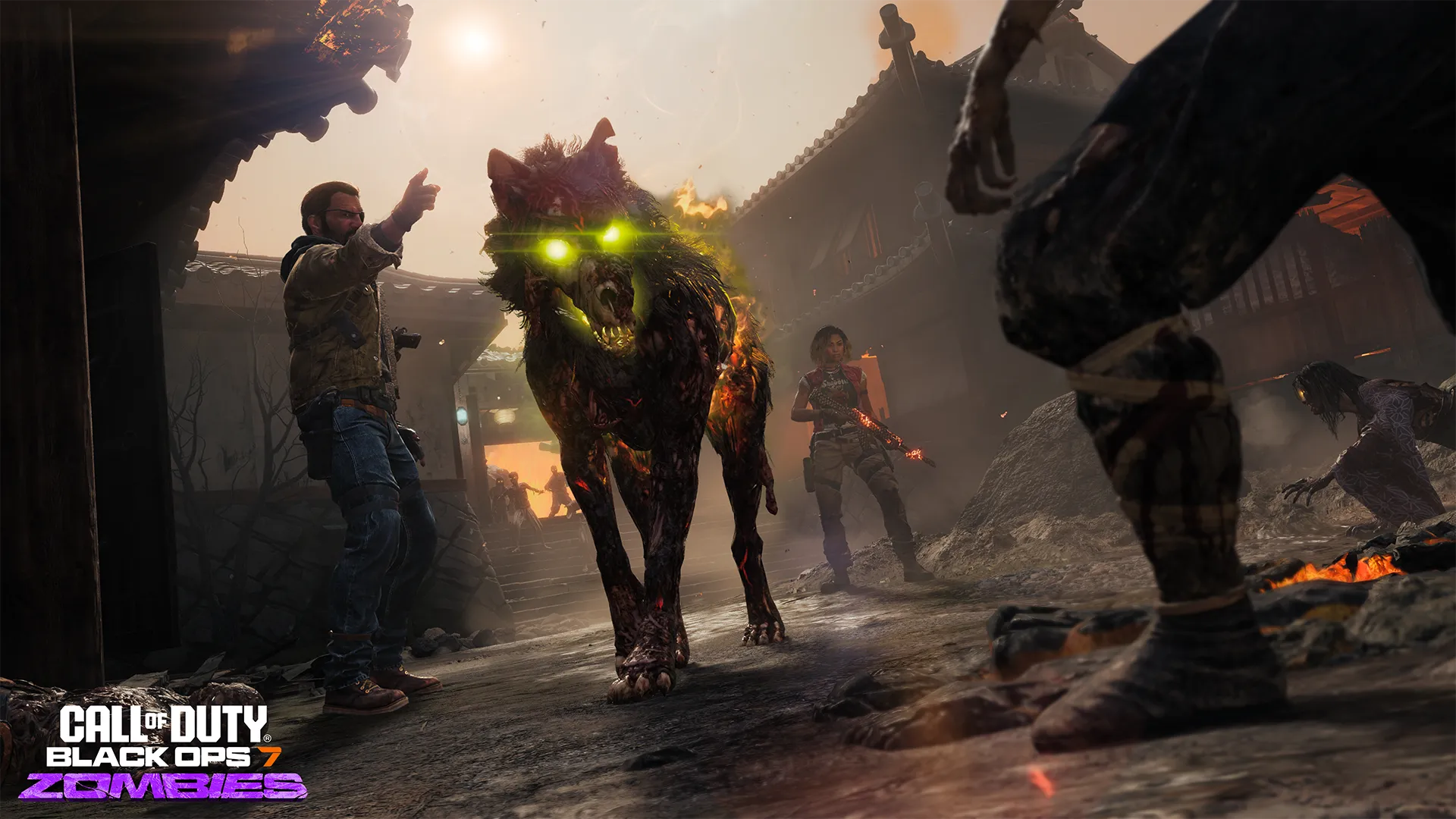 Flaming zombie wolf charges toward survivors in a village street while teammates prepare to fight.
