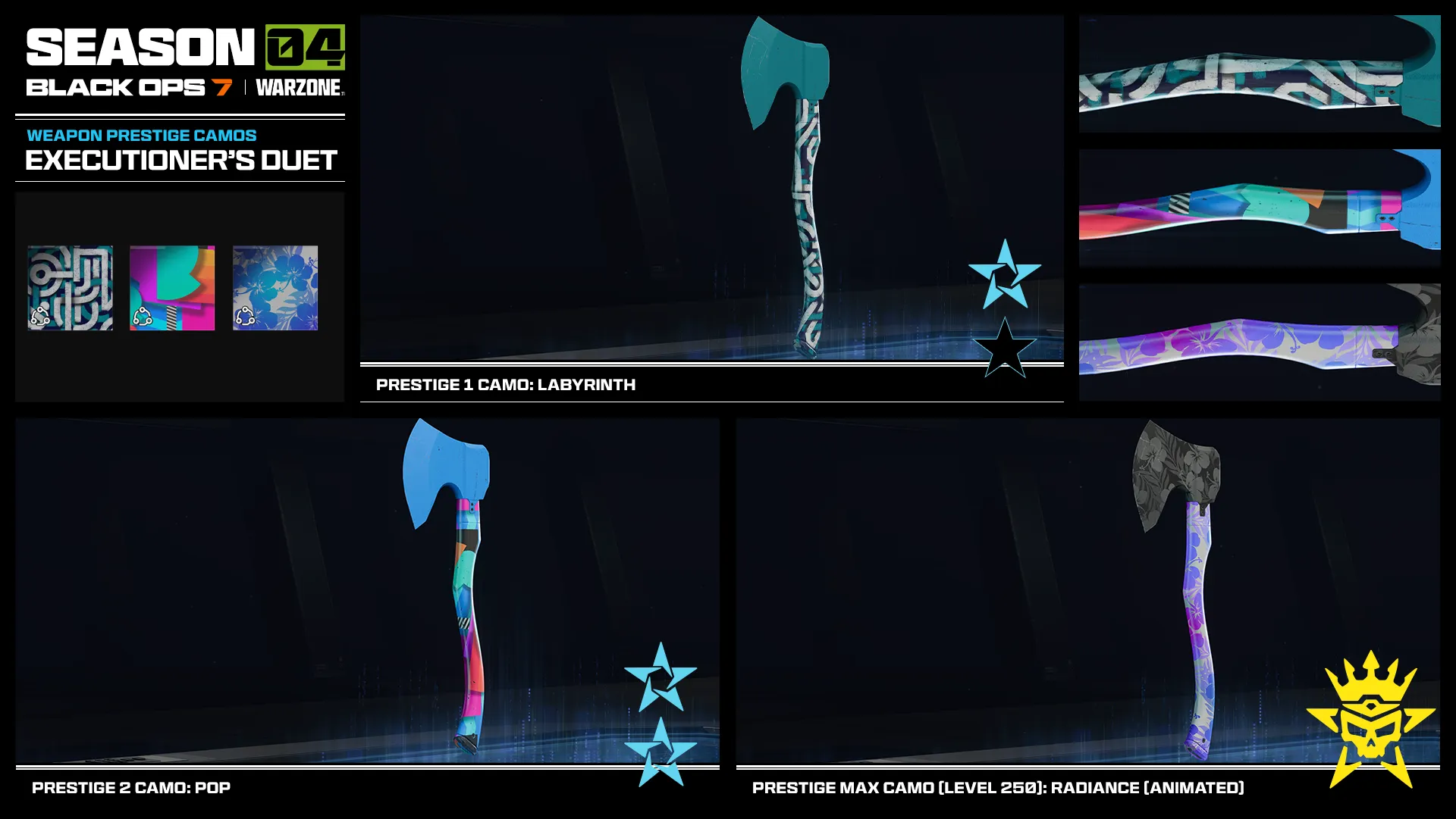 Executioner’s Duet melee weapon prestige camos shown on an axe with three unlockable designs.