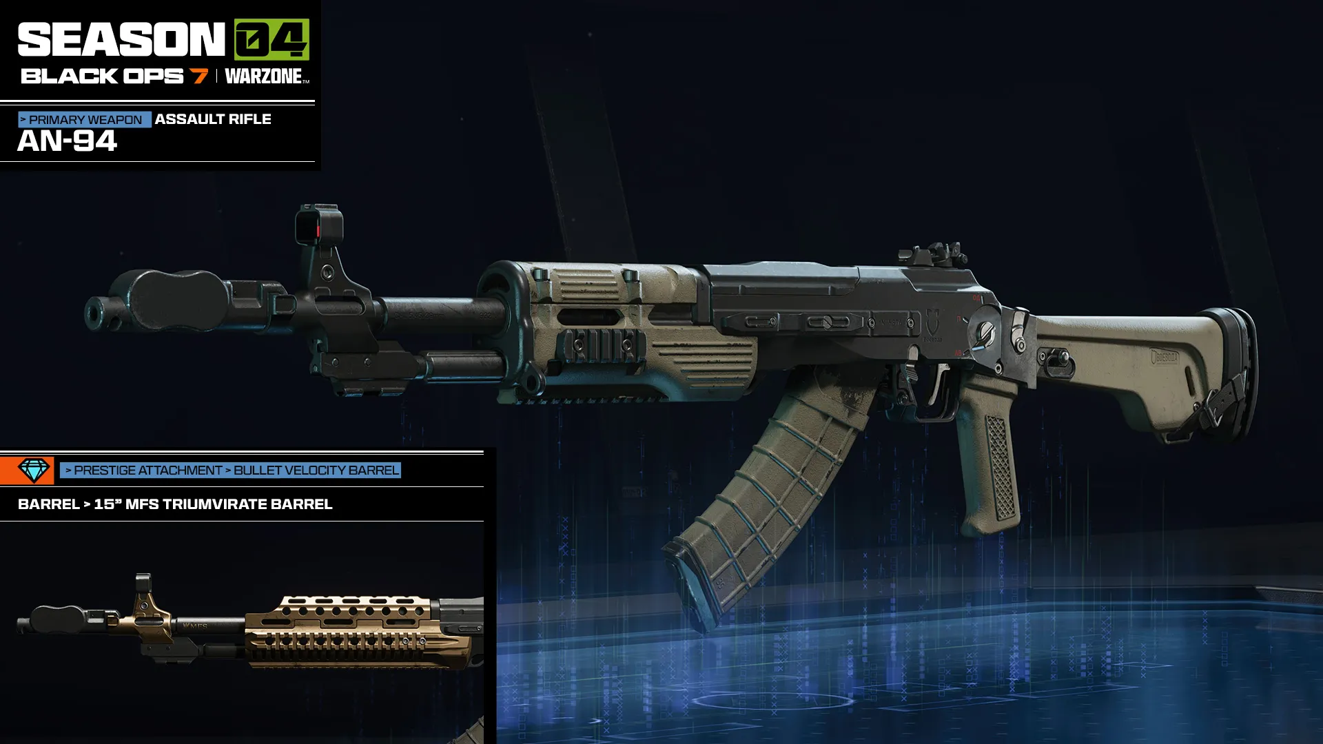 AN-94 assault rifle preview highlighting a prestige barrel attachment upgrade.