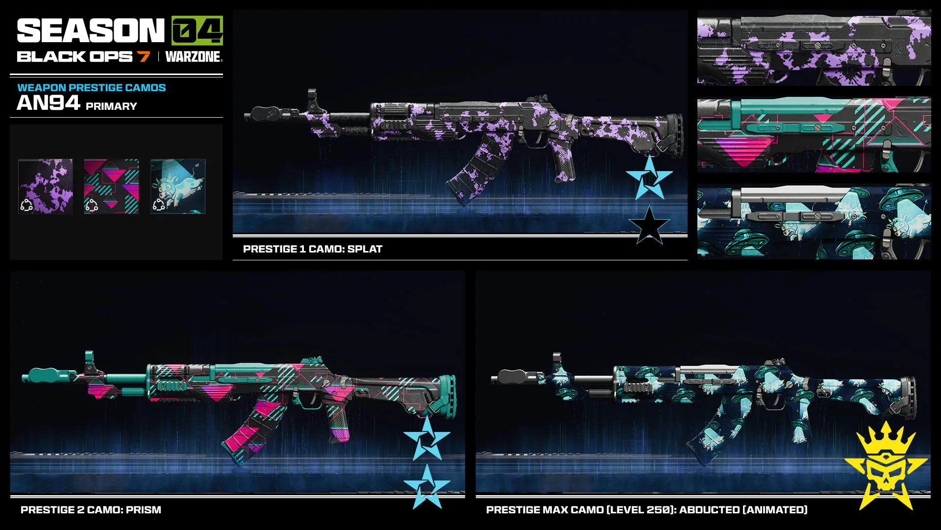 AN-94 prestige camo lineup featuring purple, neon geometric, and animated alien-themed weapon finishes.