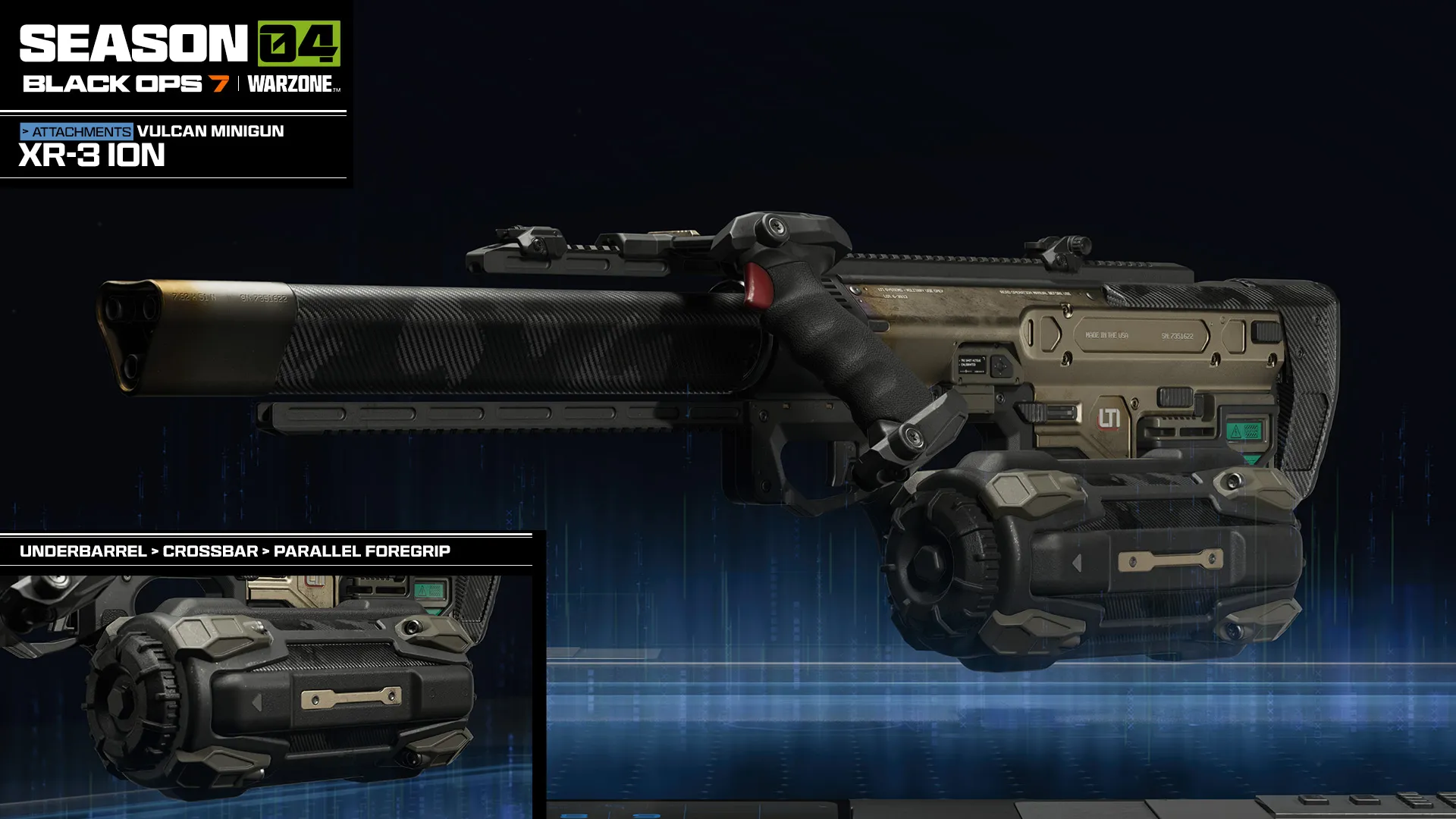 XR-3 Ion attachment preview showing a futuristic Vulcan minigun with a parallel foregrip upgrade.