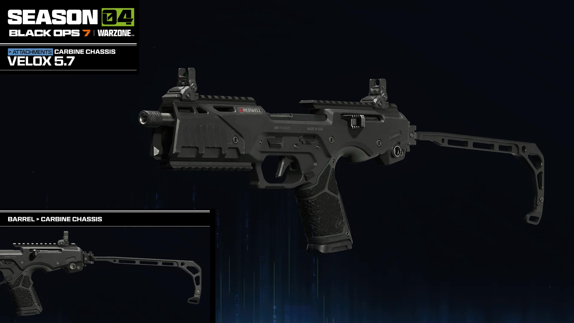Velox 5.7 chassis attachment displaying a compact firearm with folding stock and upgraded frame.