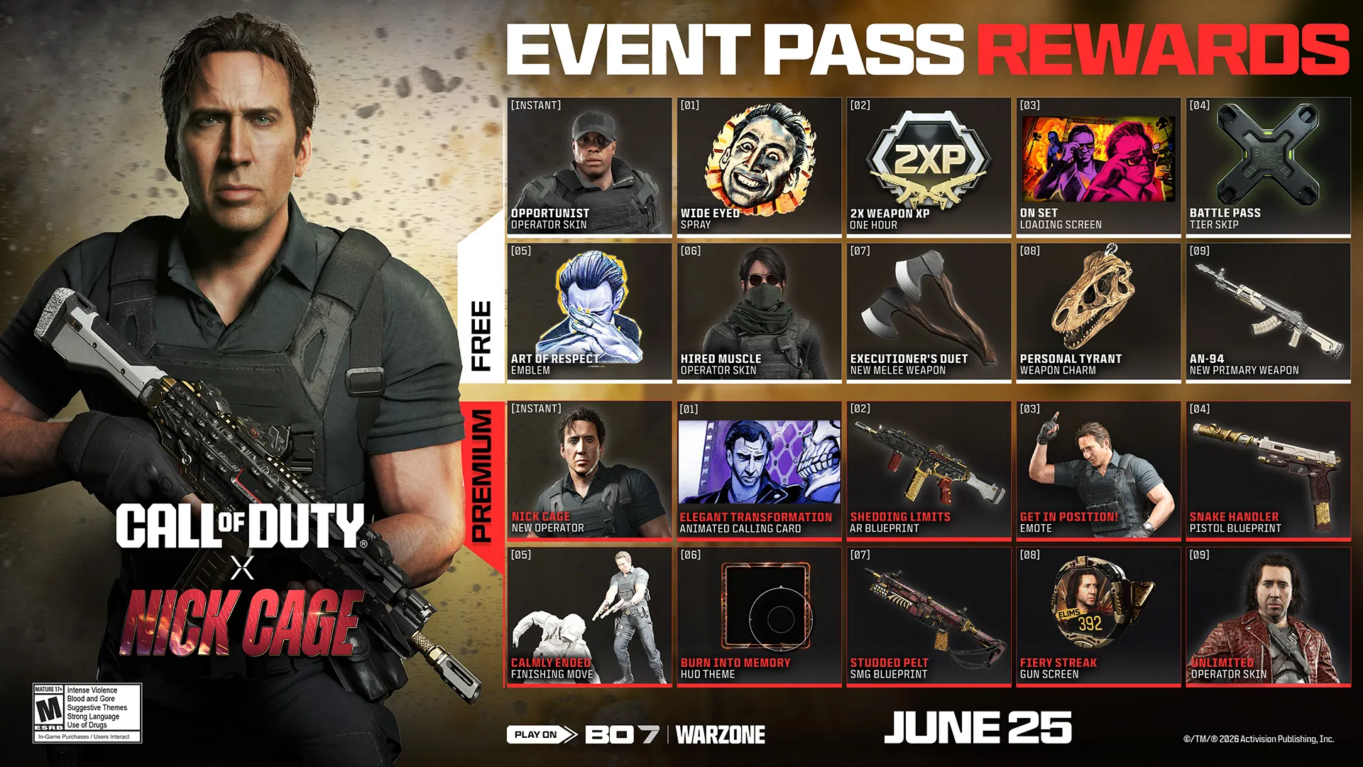Nick Cage event pass rewards screen showing free and premium unlocks, including skins, blueprints, and emotes.