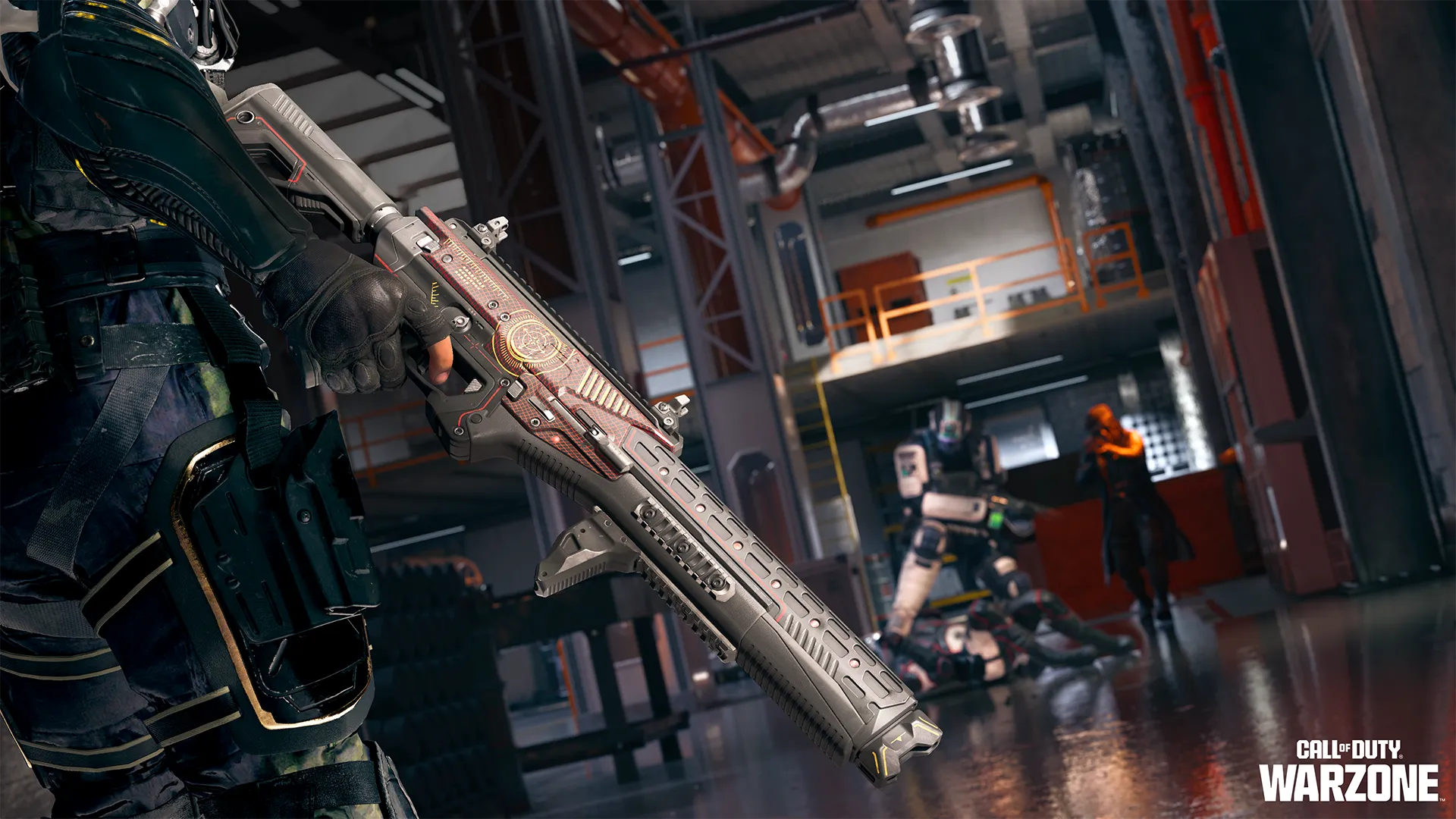 Close-up of a decorated rifle in the foreground while a robot and operators battle in the background.