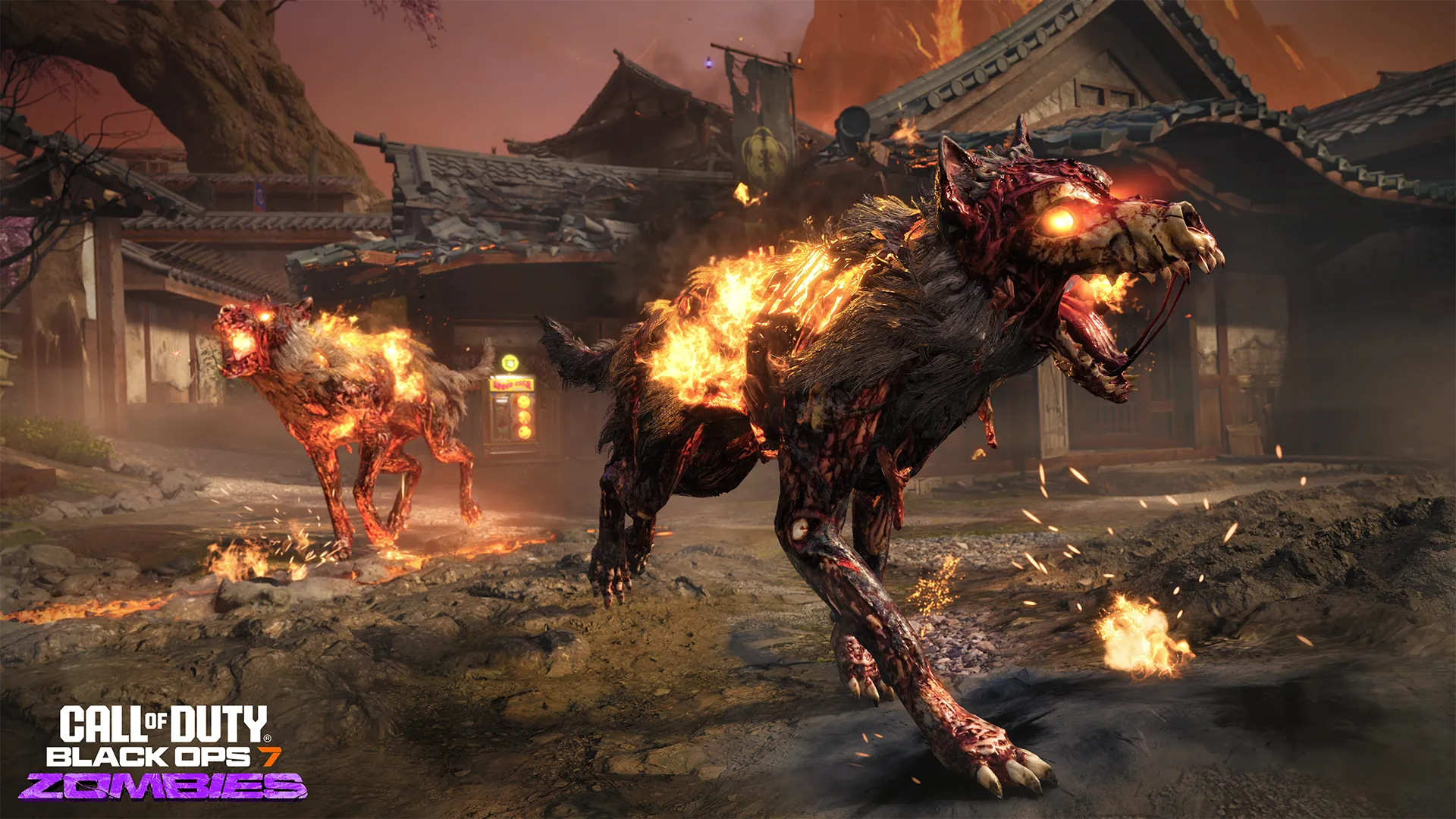 Two flaming zombie wolves sprint through a ruined village beneath a volcanic sky.