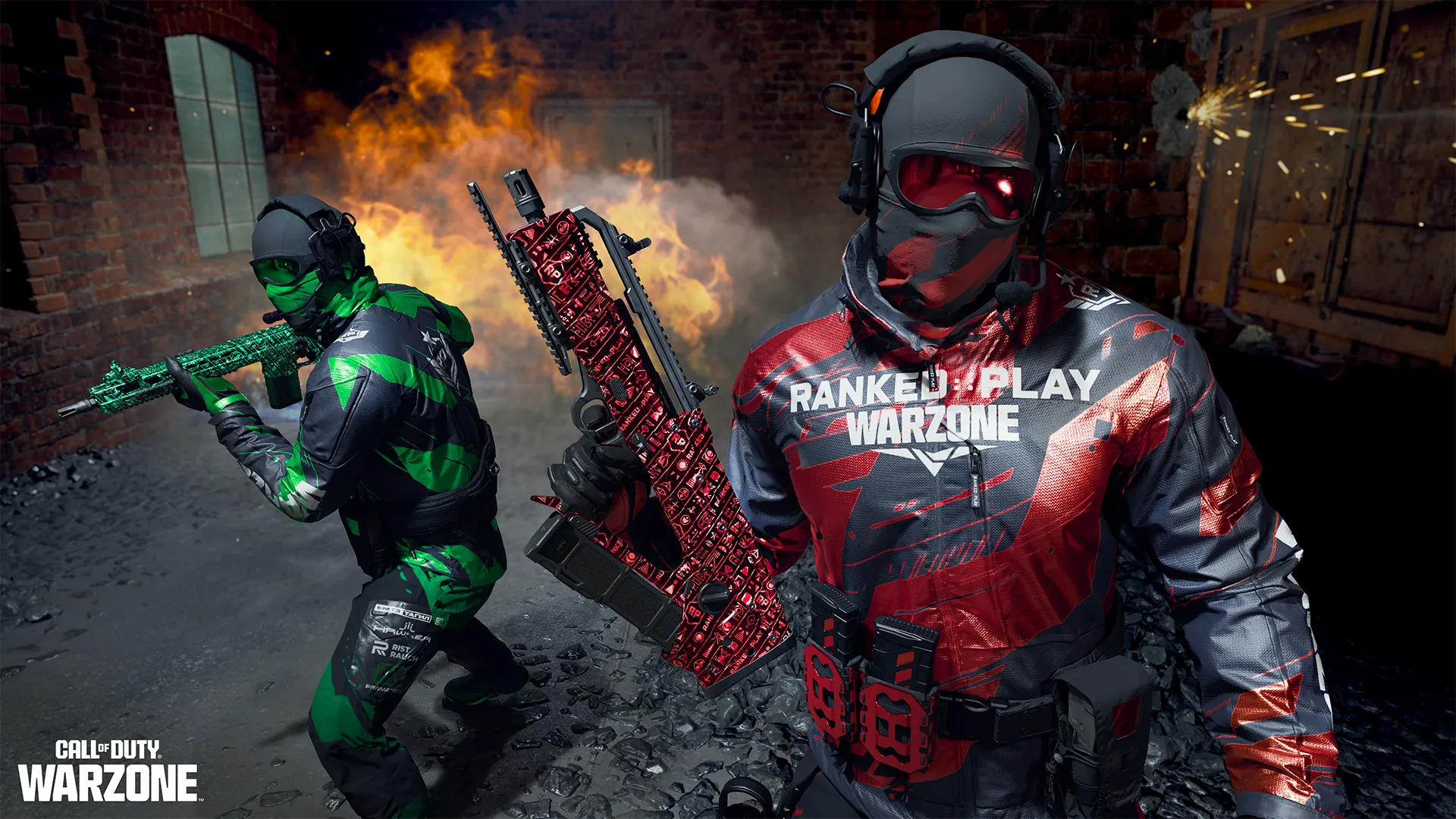 Two ranked Warzone operators pose with brightly colored rifles in a rubble-strewn urban setting.