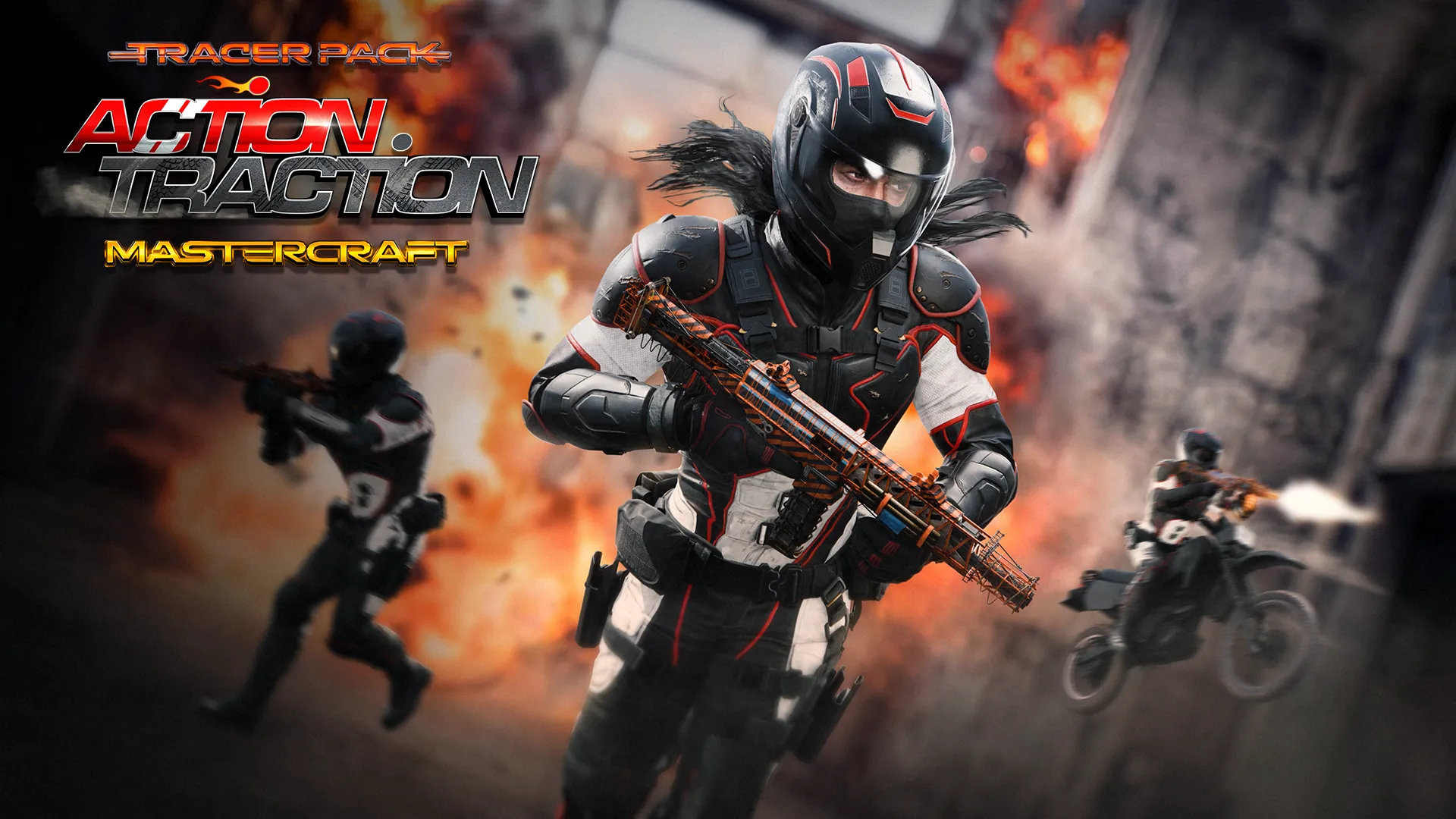 “Action Traction” Mastercraft bundle artwork featuring armored riders amid explosions and motorcycles.