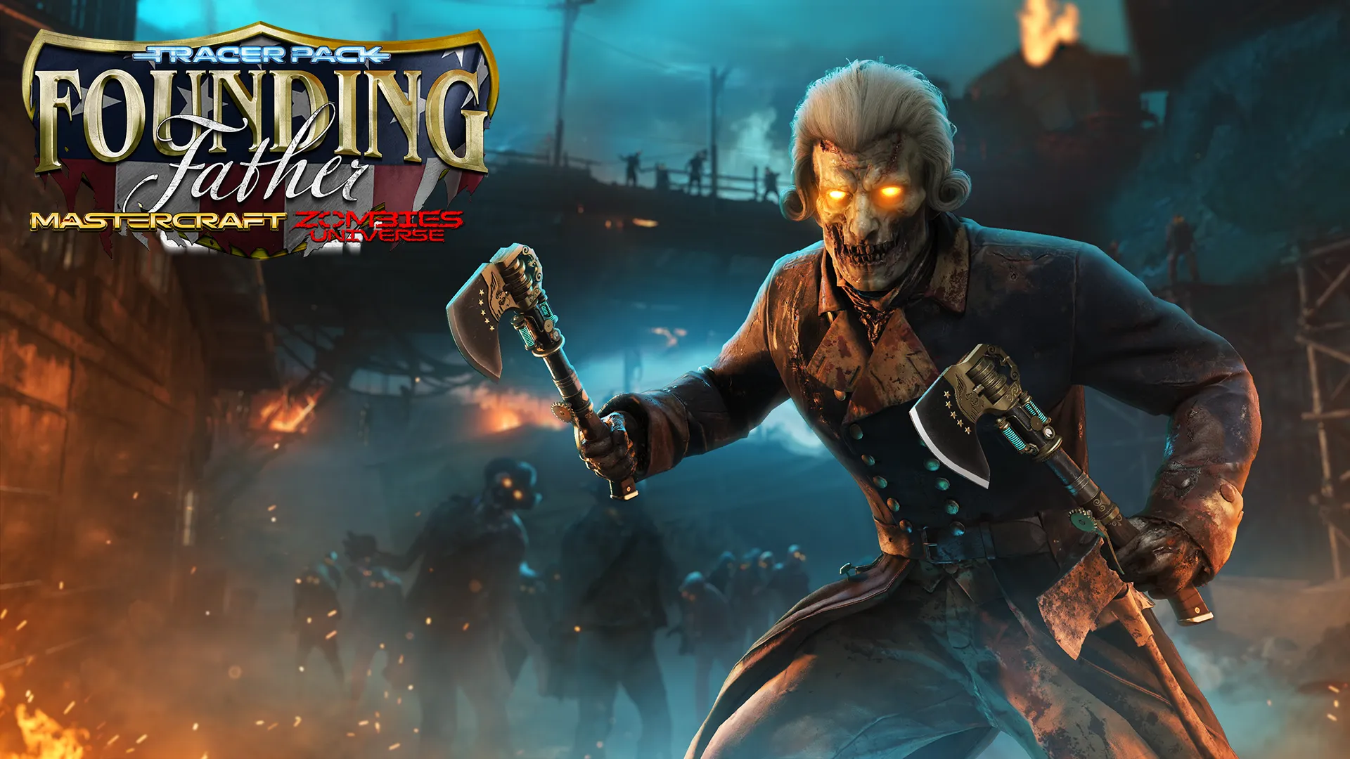 “Founding Father” Zombies Mastercraft bundle featuring a glowing-eyed undead figure wielding twin axes.