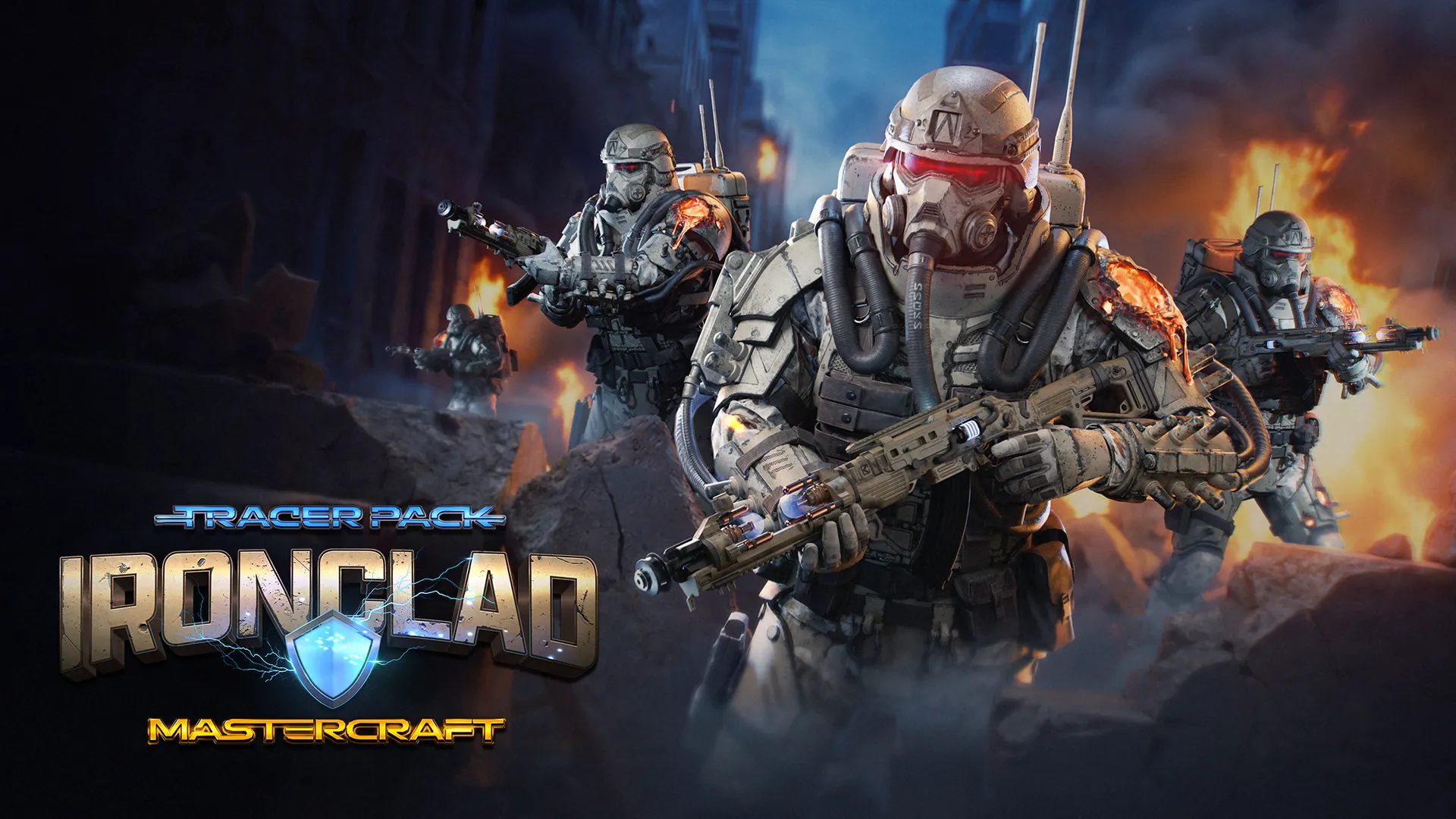 “Ironclad” Mastercraft bundle showing futuristic armored soldiers advancing through a burning battlefield.