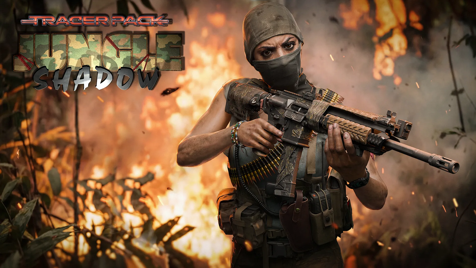 “Jungle Shadow” bundle artwork showing a masked fighter holding a rifle before a jungle fire.