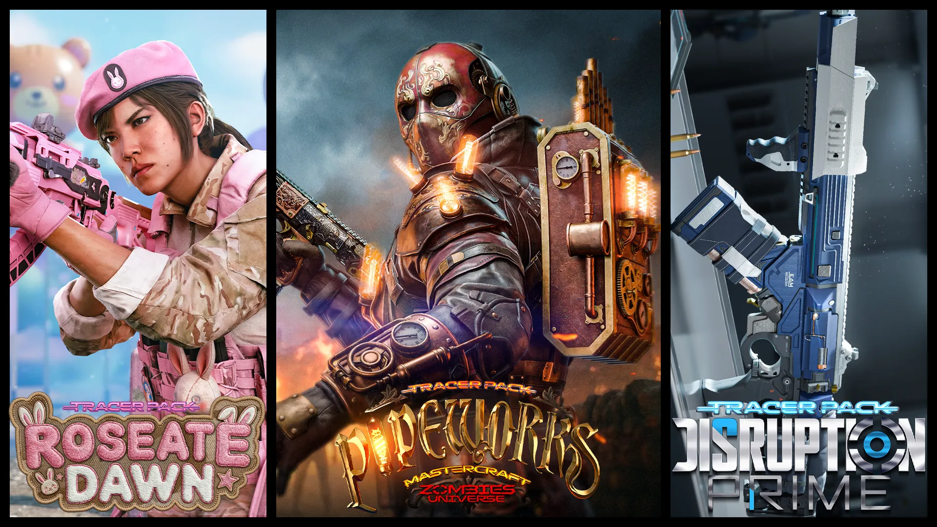 Three promotional bundle panels featuring a pink-themed operator, a steampunk zombie soldier, and a weapon blueprint.