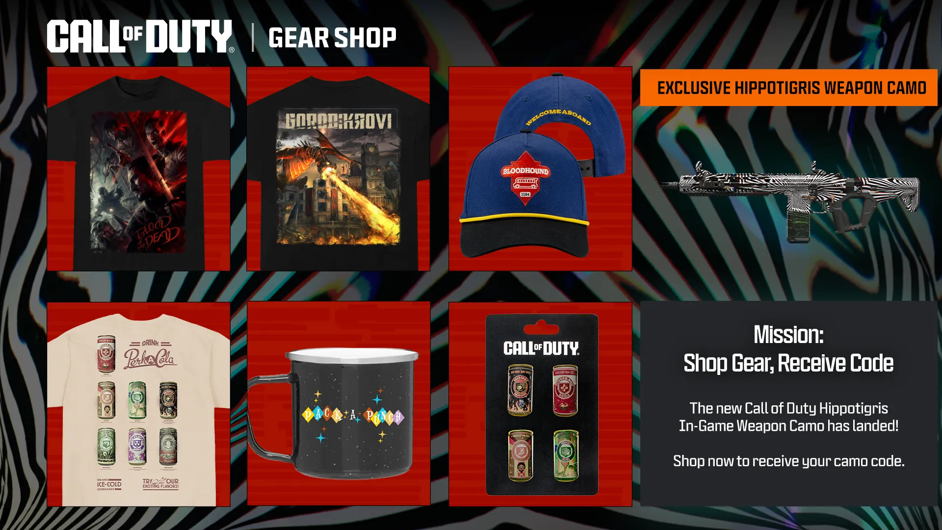Call of Duty Gear Shop promotion displaying apparel, accessories, collectible items, and an exclusive weapon camo.