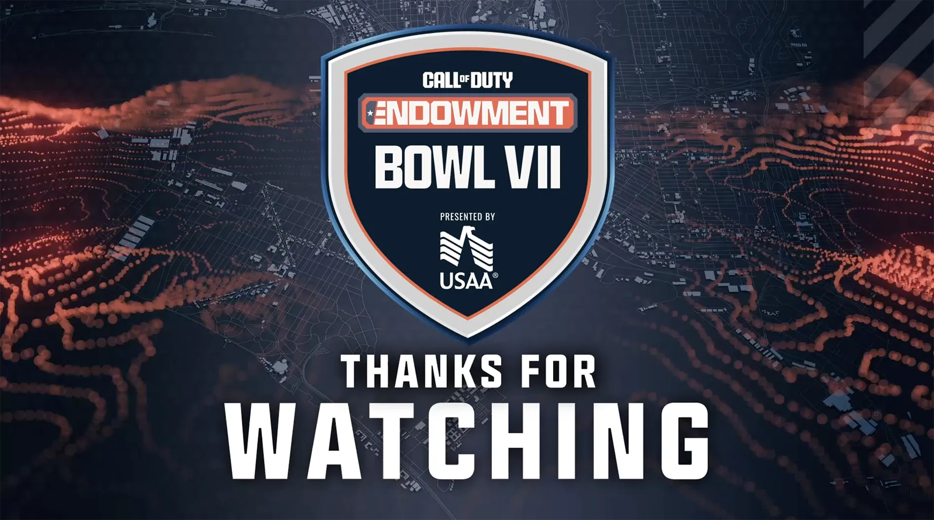 Call of Duty Endowment Bowl VII shield logo centered above the text “THANKS FOR WATCHING,” over a dark map-themed background with glowing orange data-like patterns.