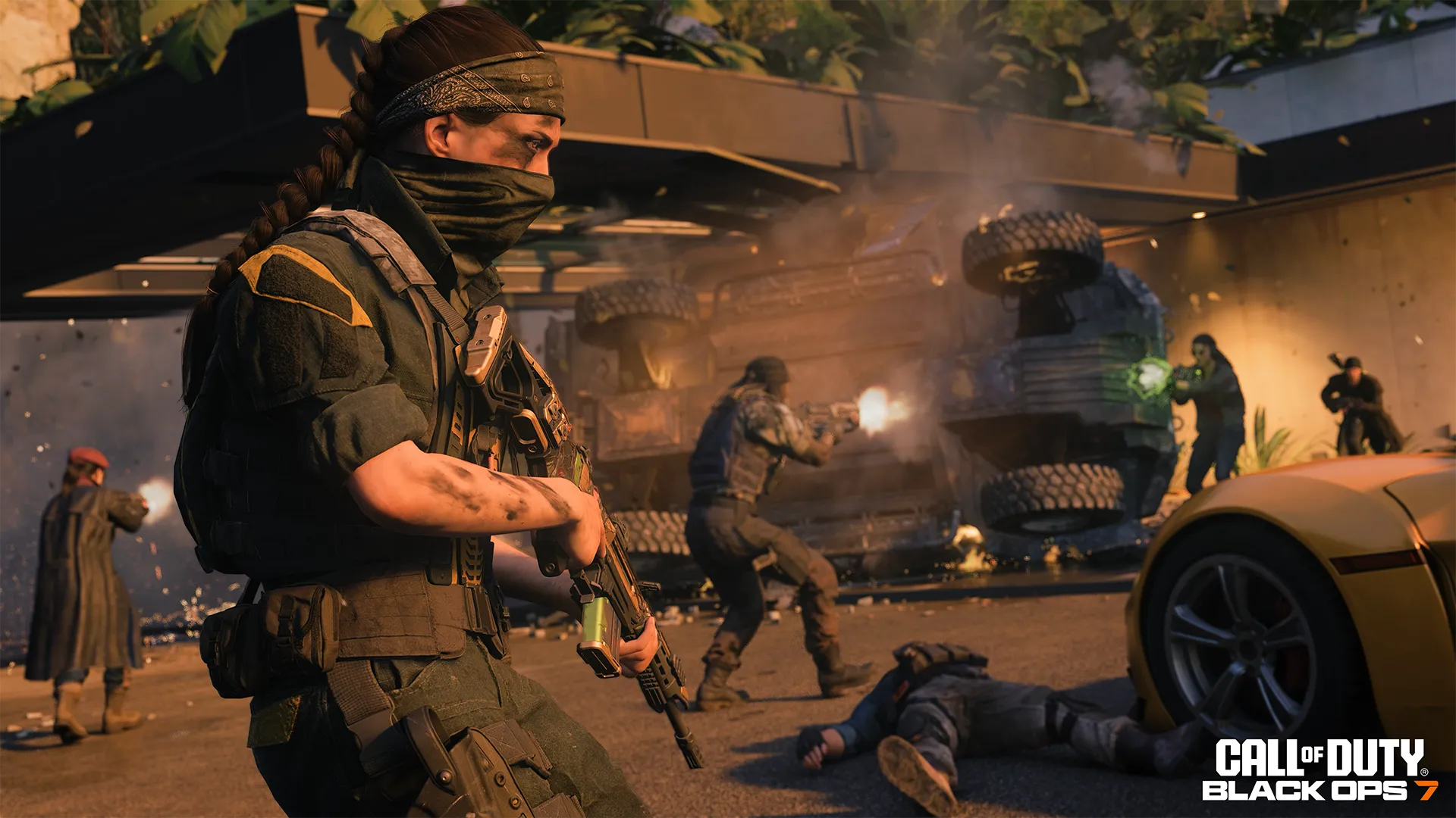 Masked operator watches a gunfight around an overturned vehicle outside a luxury mansion.