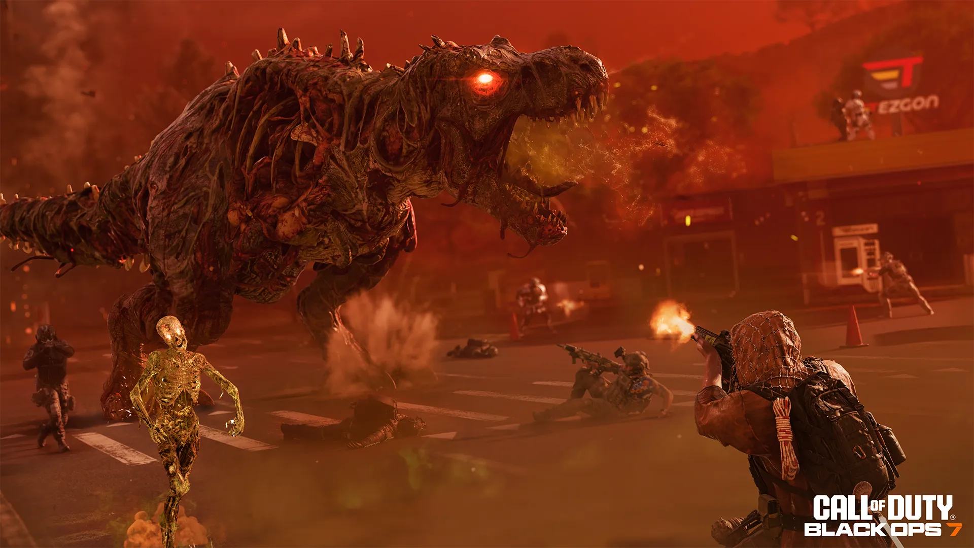 Operators battle a towering, decaying dinosaur zombie with glowing eyes amid fire and smoke.