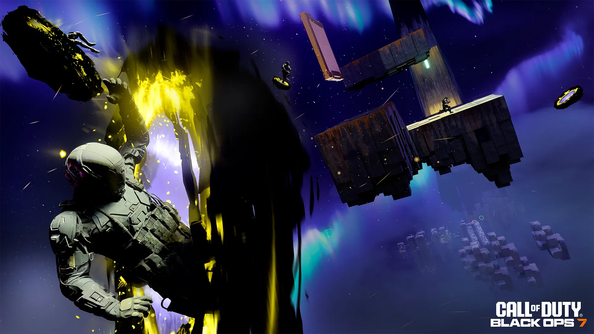 An armored operator reaches into a glowing yellow rift as others traverse floating platforms beneath an aurora.