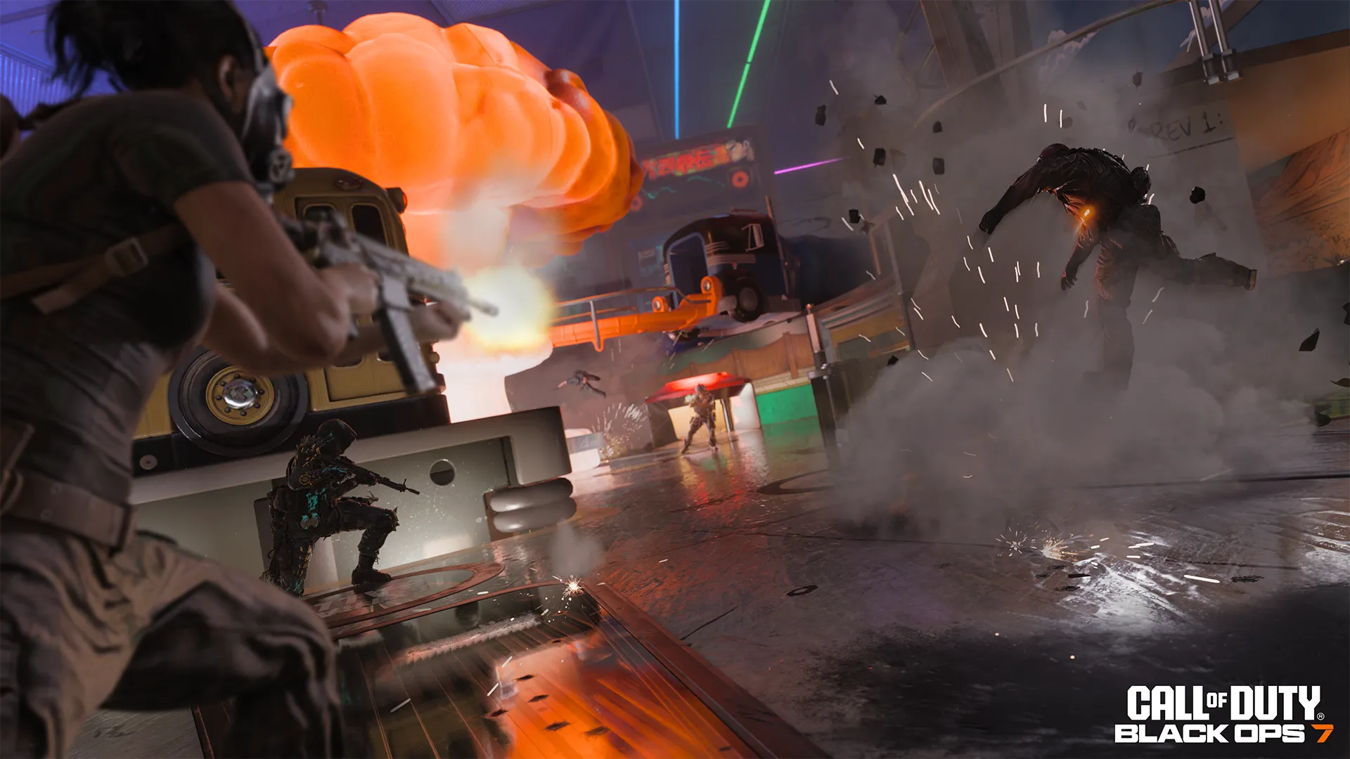 Operators exchange gunfire across the giant Turbo Tilt pinball table as an explosion throws one fighter backward.