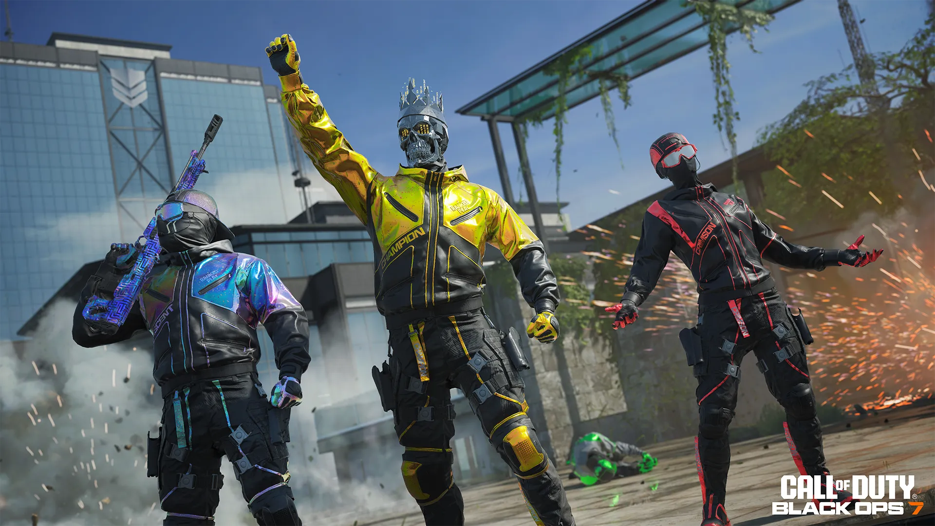Three masked operators in blue, yellow, and red ranked operators pose amid smoke and flying sparks.