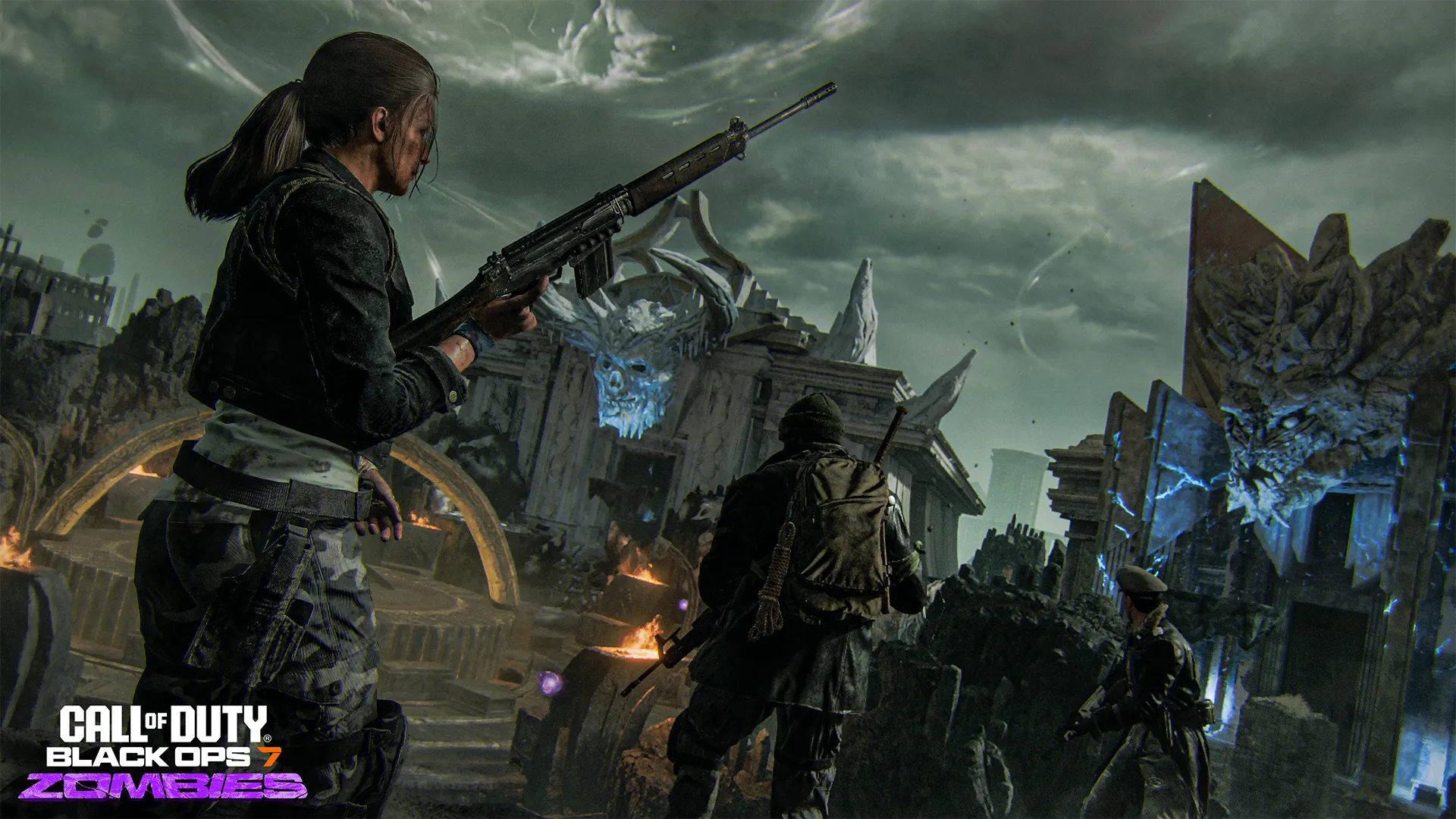 Three armed operators enter ruined, otherworldly structures marked by glowing blue demonic faces.