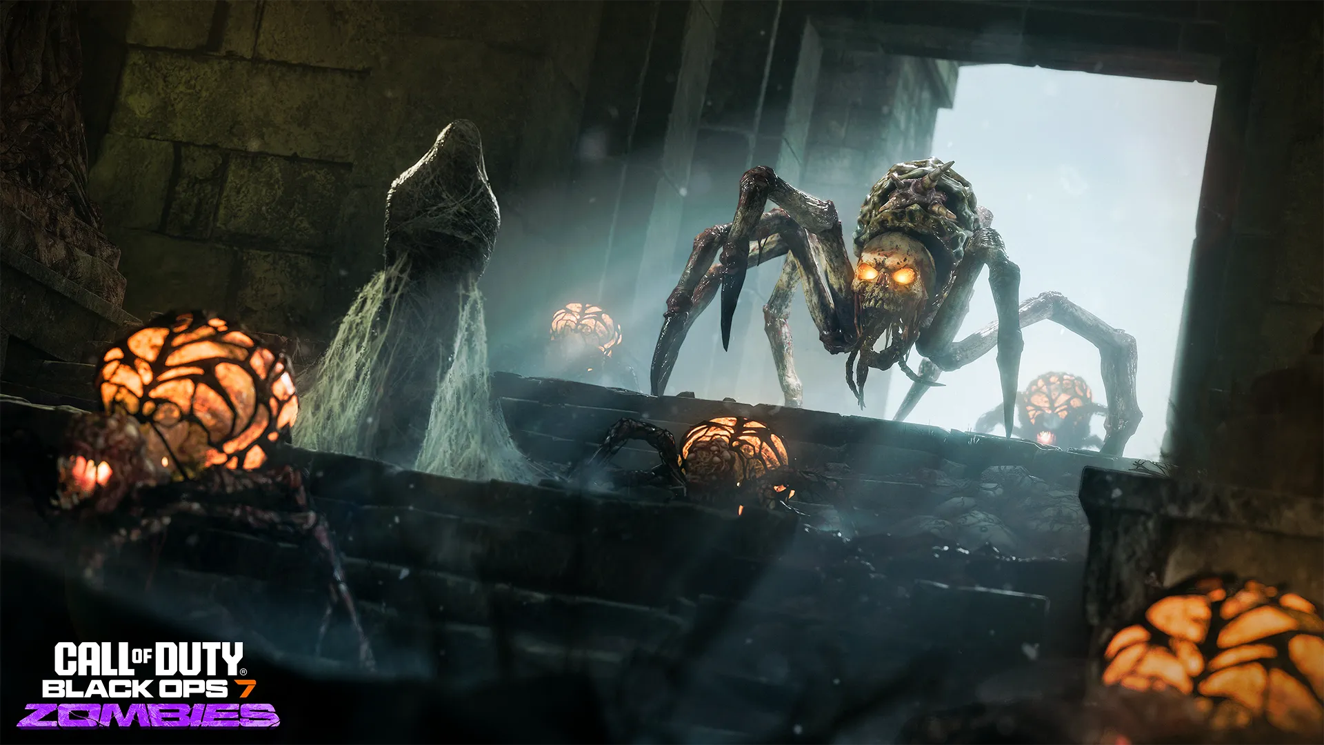 A giant spider-like creature with glowing orange eyes crawls through a web-filled ruin among glowing egg sacs.
