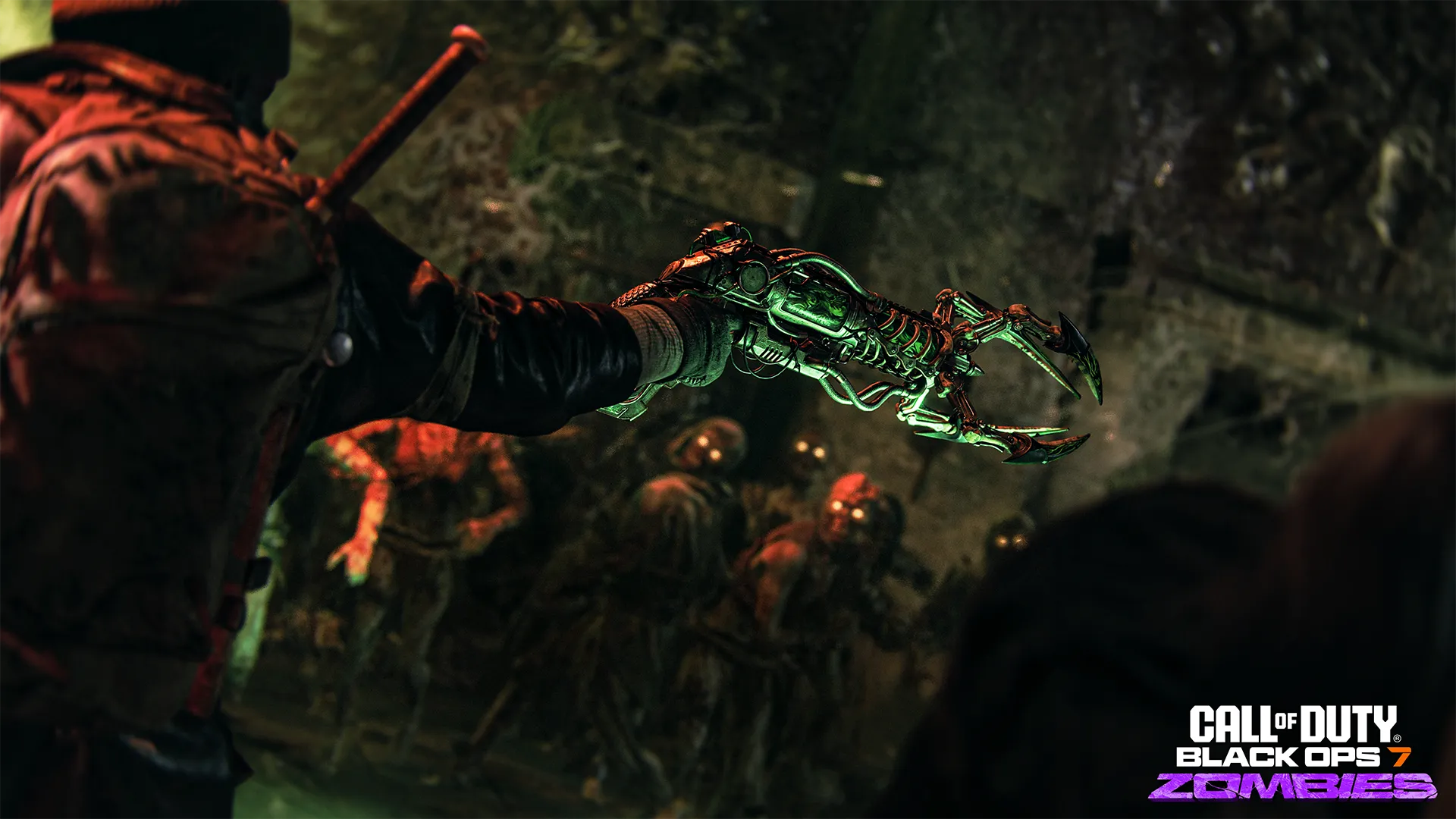 An operator aims a green-lit mechanical claw weapon toward a group of glowing-eyed zombies.