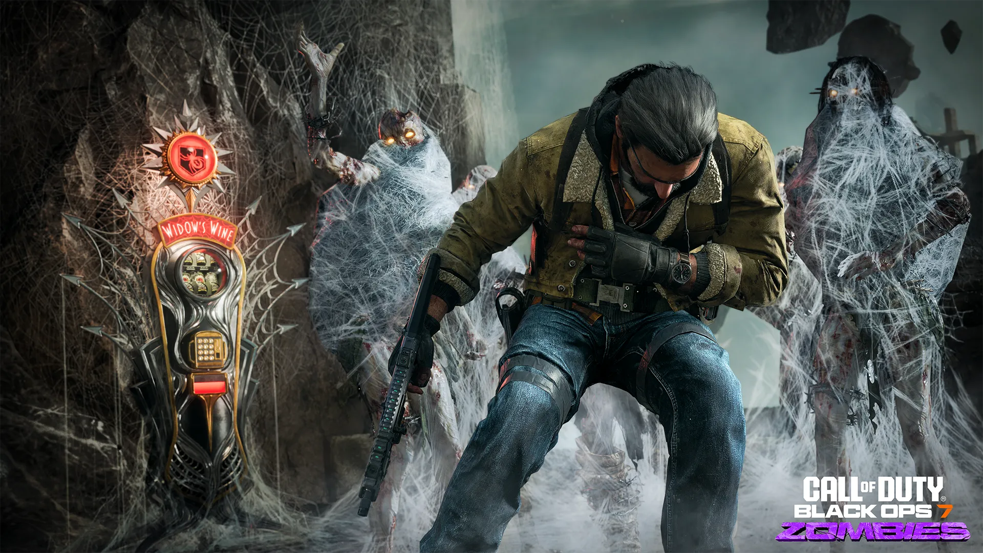 An armed operator staggers beside a “Widow’s Wine” machine as web-wrapped zombies close in.