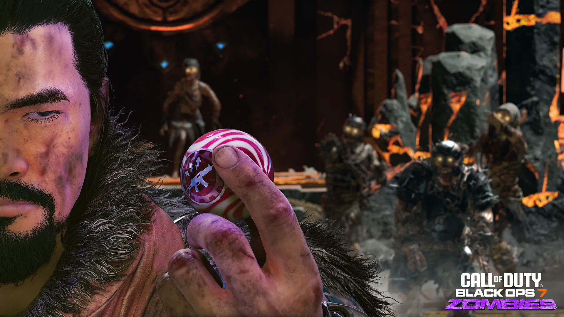 A bearded operator holds a red-and-white striped gobblegum while glowing-eyed zombies approach behind him.