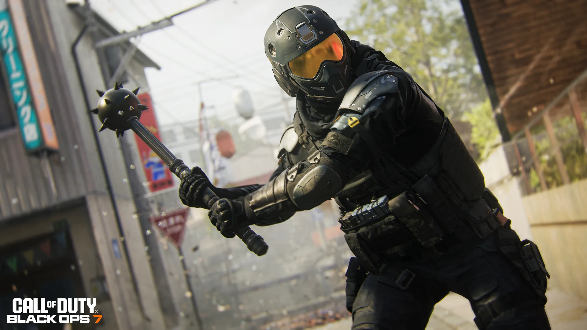 A black-armored operator swings a spiked mace in a sunlit urban setting.