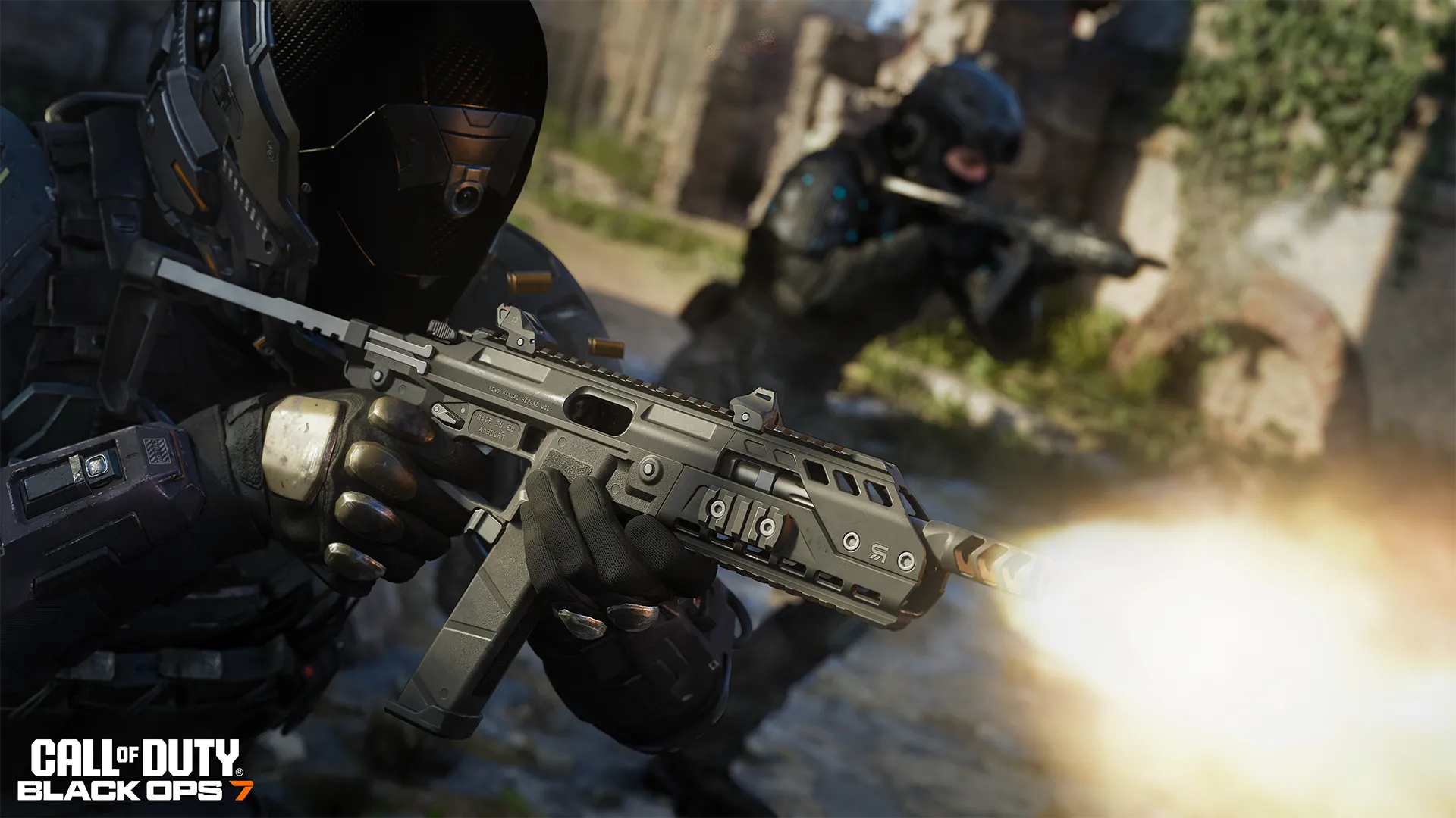 A black-armored operator fires a compact firearm while a teammate aims behind them.