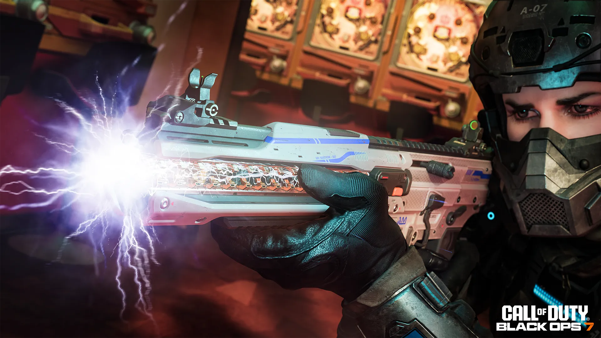 A masked operator fires a futuristic white weapon crackling with bright electrical energy.