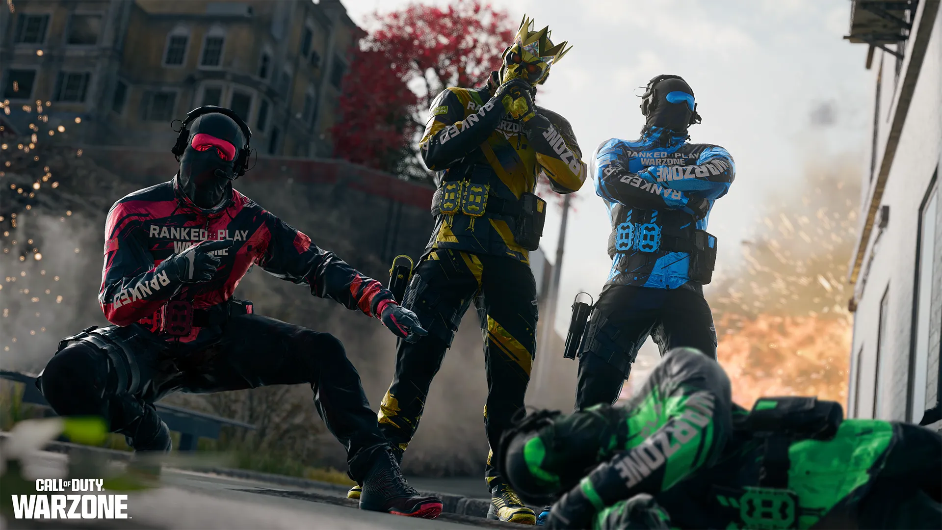 Three Ranked Play operators in red, yellow, and blue pose over a fallen green-clad opponent.